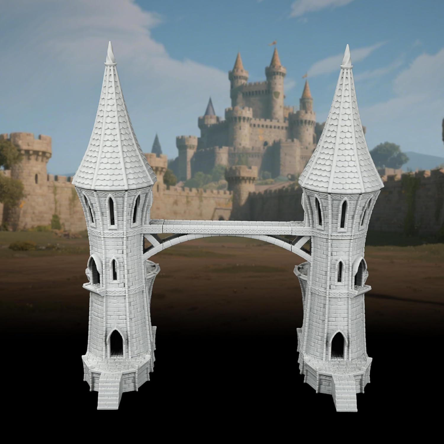 RPG Terrain TTRPG Gothic Sky-Bridge - 25mm Scale Unpainted Twin Spires with Connective Archway, Massive Stone Tower Scenery for Dungeons and Dragons & Wargame - City Building 4 (AF1104 J)