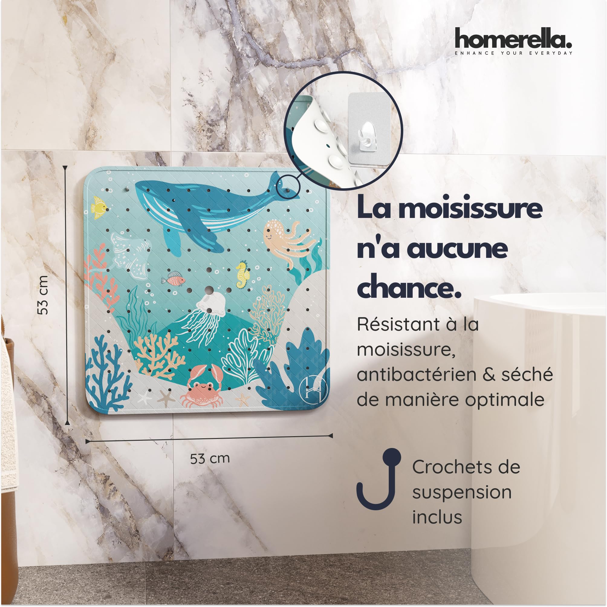 Homerella Tapis de Douche Sensible à la Peau - 53 x 53 cm - avec Suspension - Tapis de Douche antidérapant - sans BPA - sans Latex - Résistant à la moisissure et Lavable en Machine