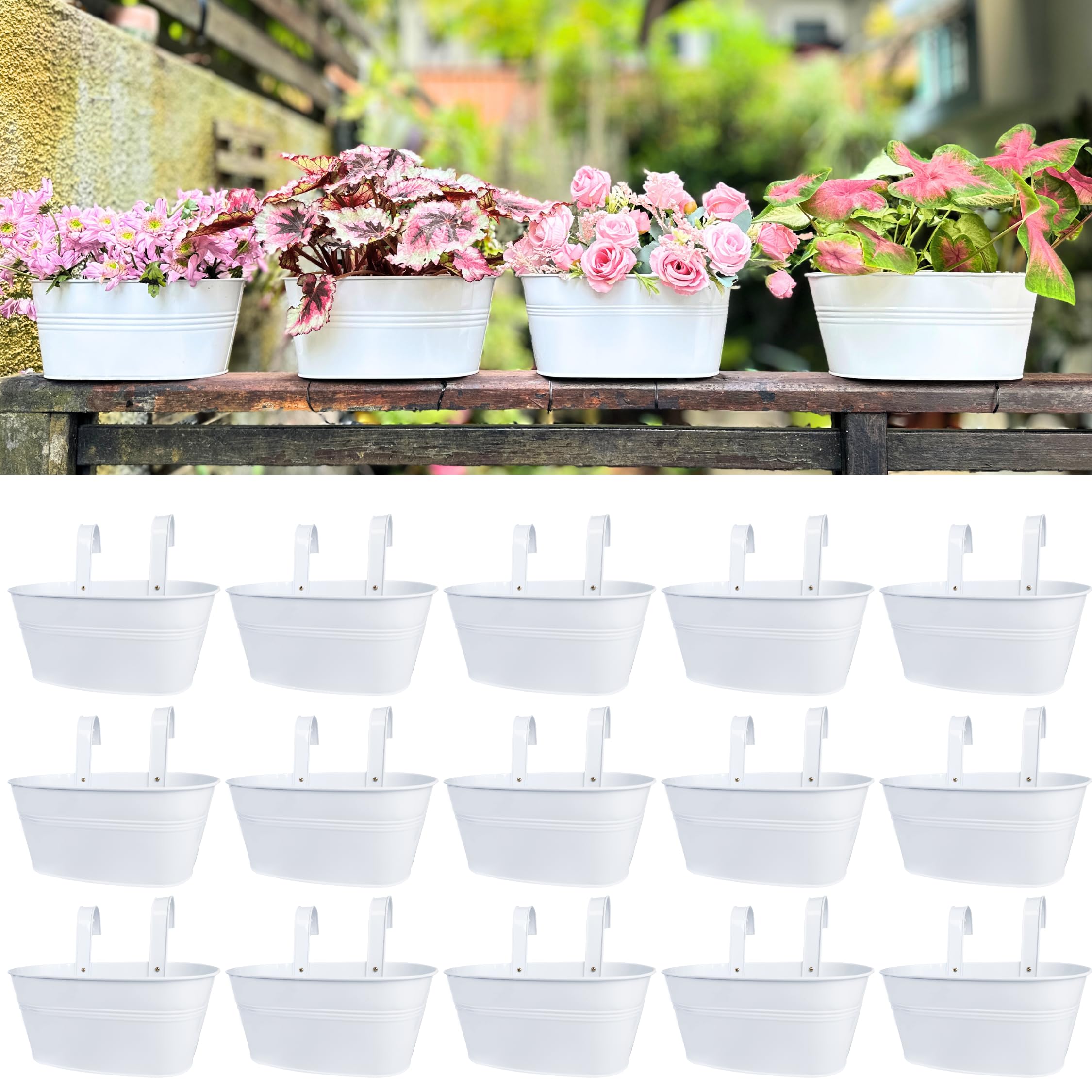 LaLaGreen Planter Boxes Outdoor (15 Pack, 11.8 Inch) White Metal Iron Hanging Flower Pots Deck Railings Rails Fence Buckets Countryside Boho Style