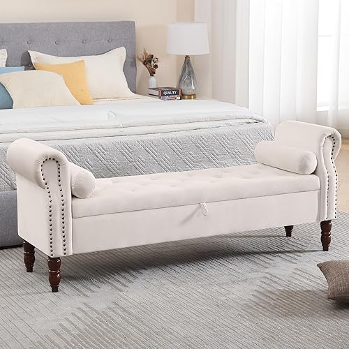 Banco de almacenamiento para dormitorio, banco de 67 pulgadas en el extremo de la cama, tamaño King, banco de terciopelo para dormitorio con Beige