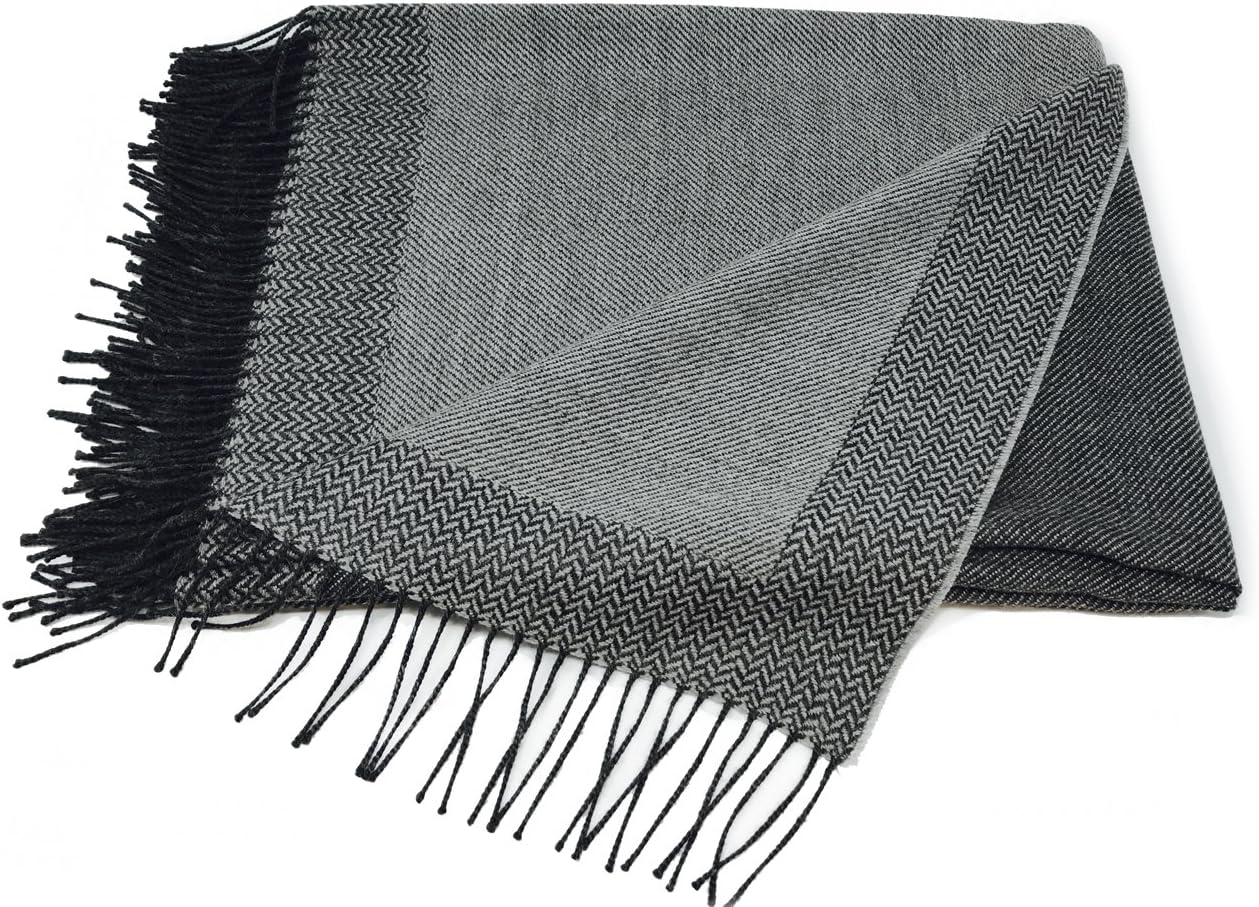 | 100% Baby Alpaca Wool Sofa Throw Blanket - Woven by Hand, All Natural, Reversible Herringbone Pattern with Fringe Perfect for Bedroom or Living Room (Charcoal/Silver - Herringbone