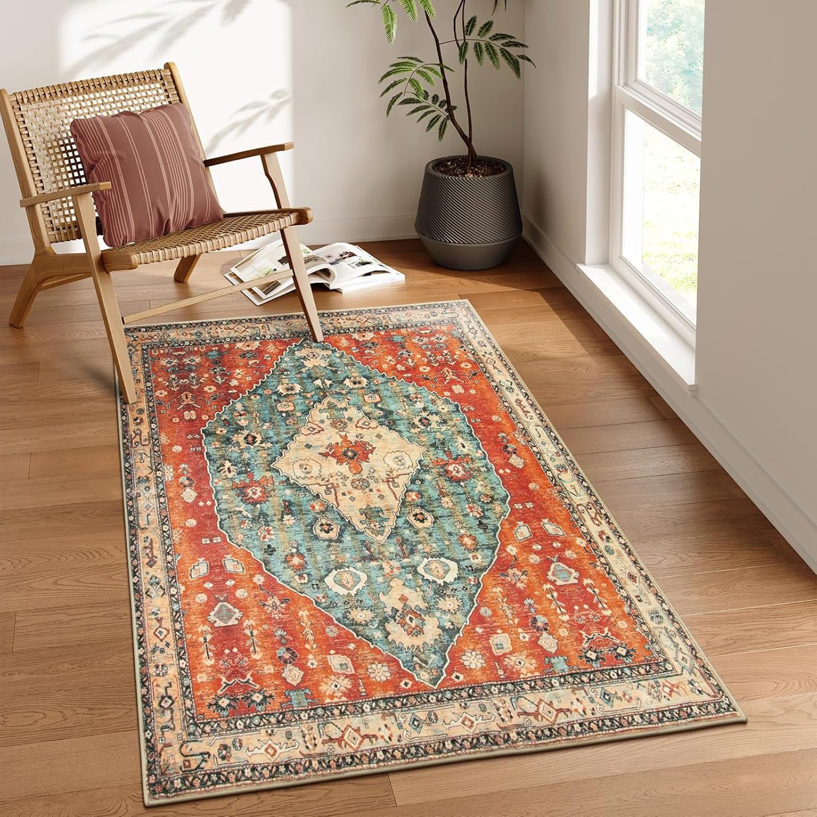 Tapis vintage floral 200x200 cm vert et rouille multicolore pour un grand salon
