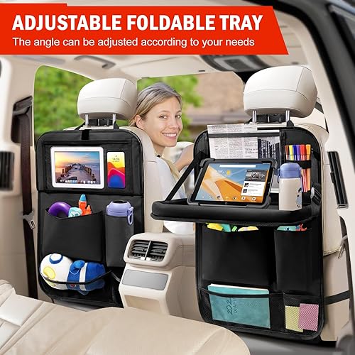 Miniatura 9 de Paquete de 2 organizadores de asiento trasero de automóvil con bandeja de mesa plegable, 6 bolsillos de almacenamiento para automóvil con soporte