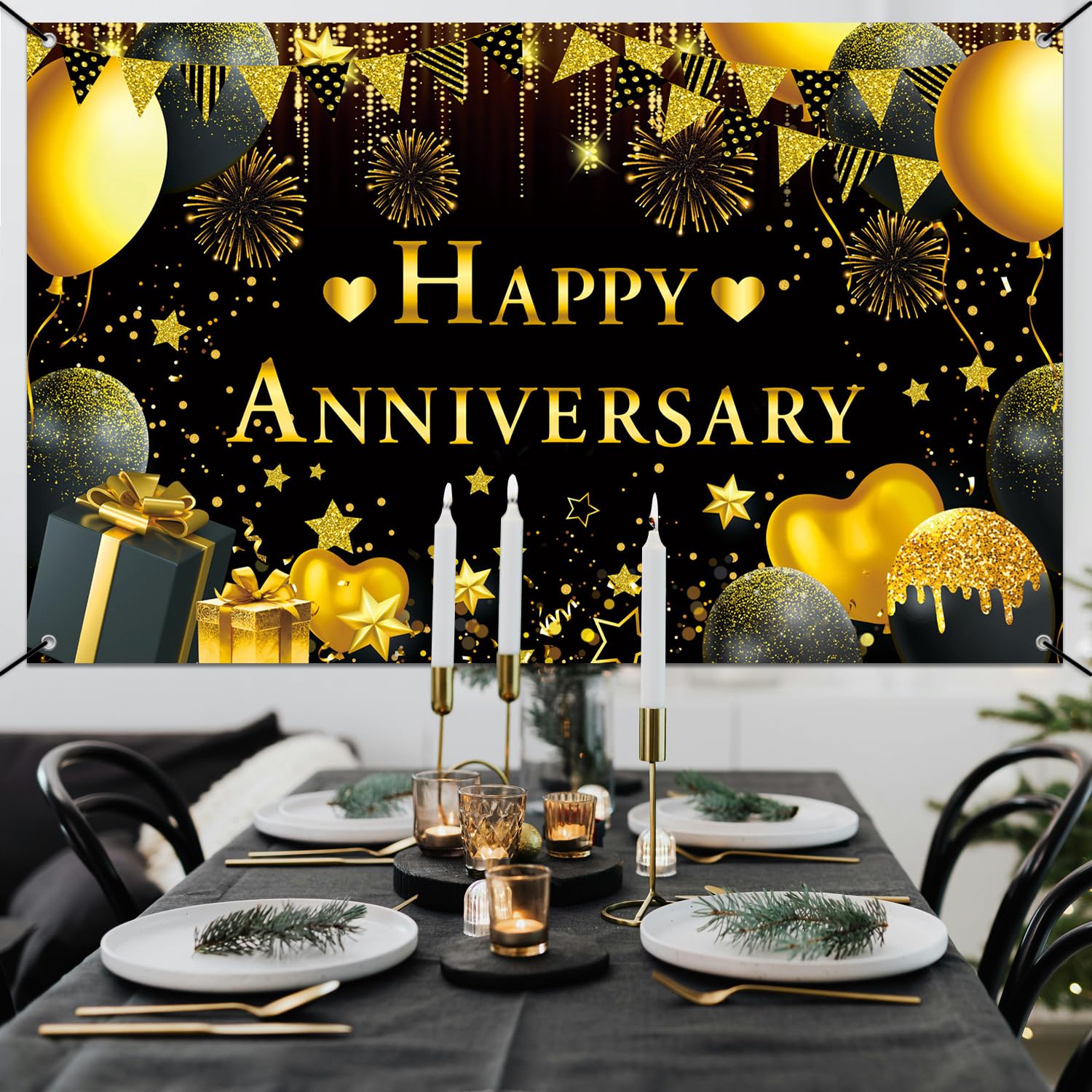 Happy Anniversary Banner Black Gold, Happy Anniversary Decorations for Men Women, XL, 5.9x 3.6Ft, 18Pcs Happy Anniversary Balloons Party Backdrop Decor for Wedding Anniversary Decorations Kit Supplies