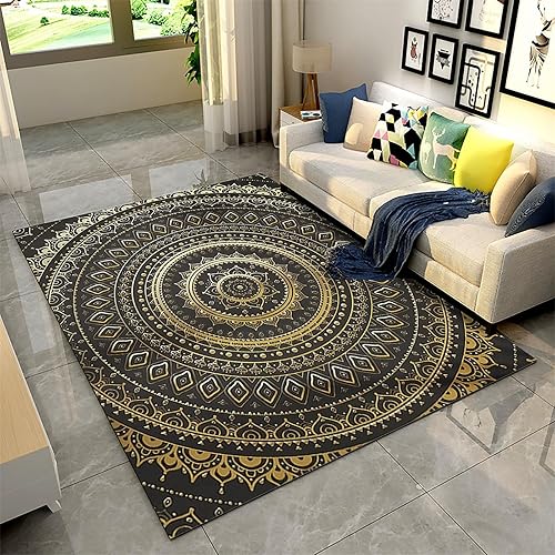 Alfombra de área con diseño de mandala, 4 x 6 pies, retro, clásica, color negro, dorado y azul, bohemio, alfombra de área grande, antideslizante,