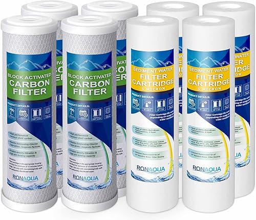 4 cartuchos de filtro de agua estándar de carbono de cáscara de coco y 4 cuatro capas de filtración, sedimento de polipropileno, cartuchos de filtro