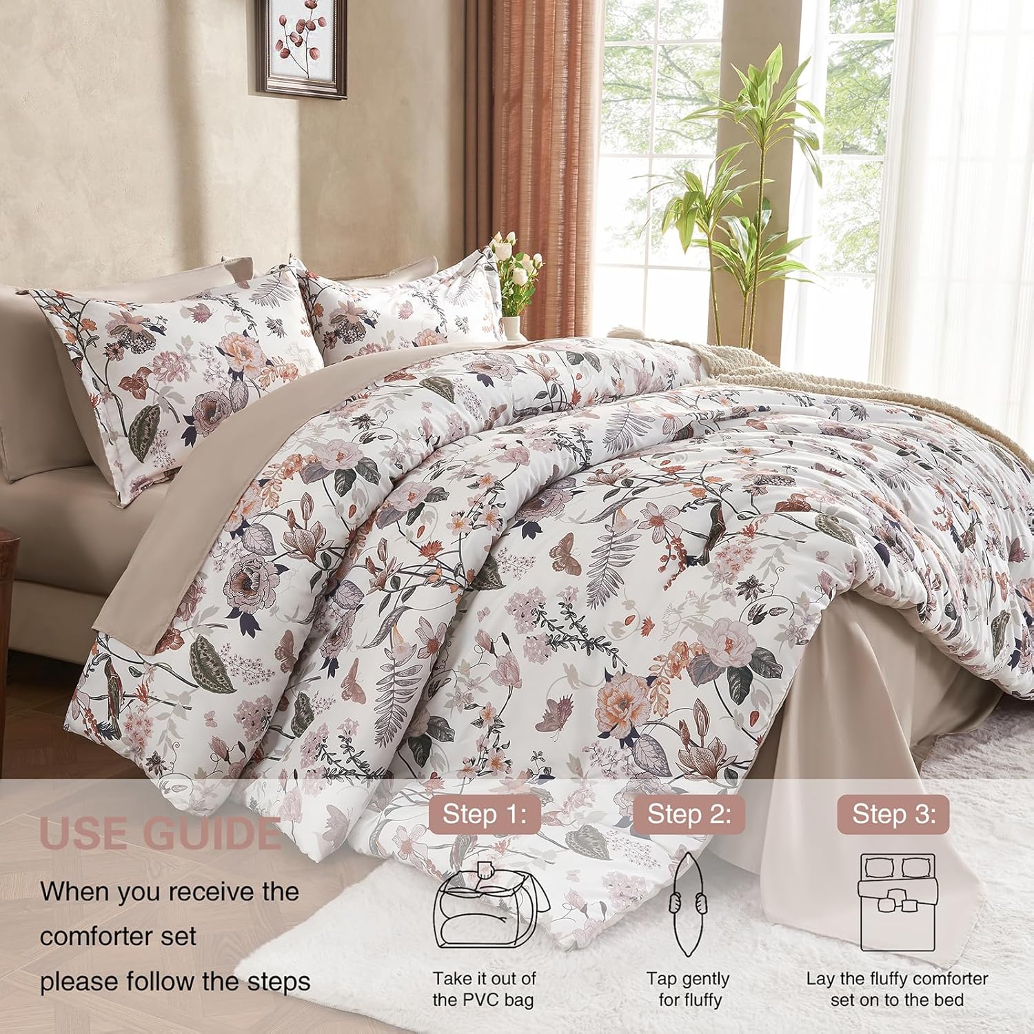 7 Piece Queen Comforter Set, Dusty Pink Butterfly Floral Comforter Set with Flowers Leaves Pattern, Soft Microfiber Complete Bedding Set for All Season(Dusty Pink, Queen) - Image 3