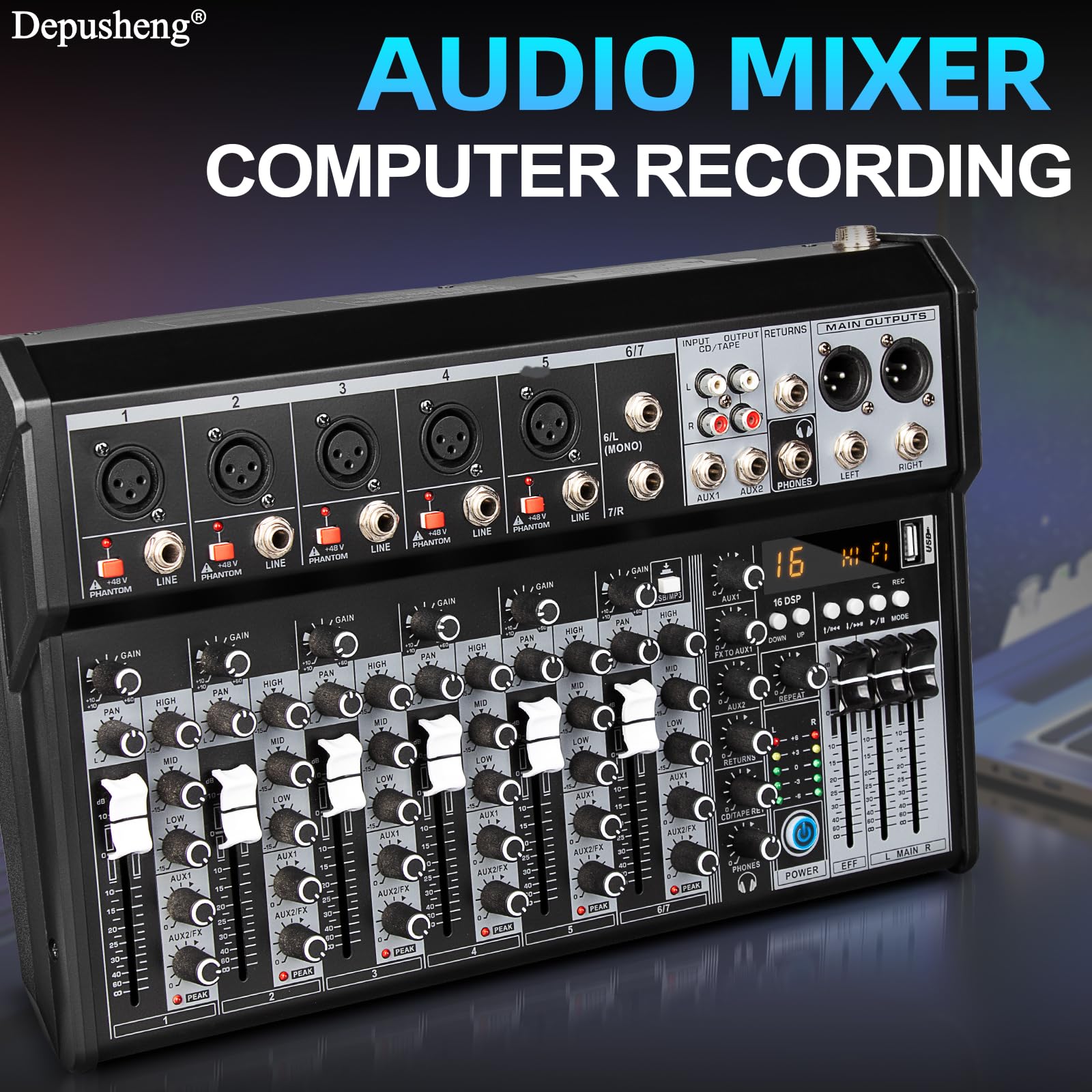 Depusheng Professional Audio Mixer, 7 Channel Audio Interface Sound Board Mixing Console System, 16-Bit DSP DJ Bluetooth Mixer +48V Phantom Effect For Karaoke Studio Streaming Recording (XT7)