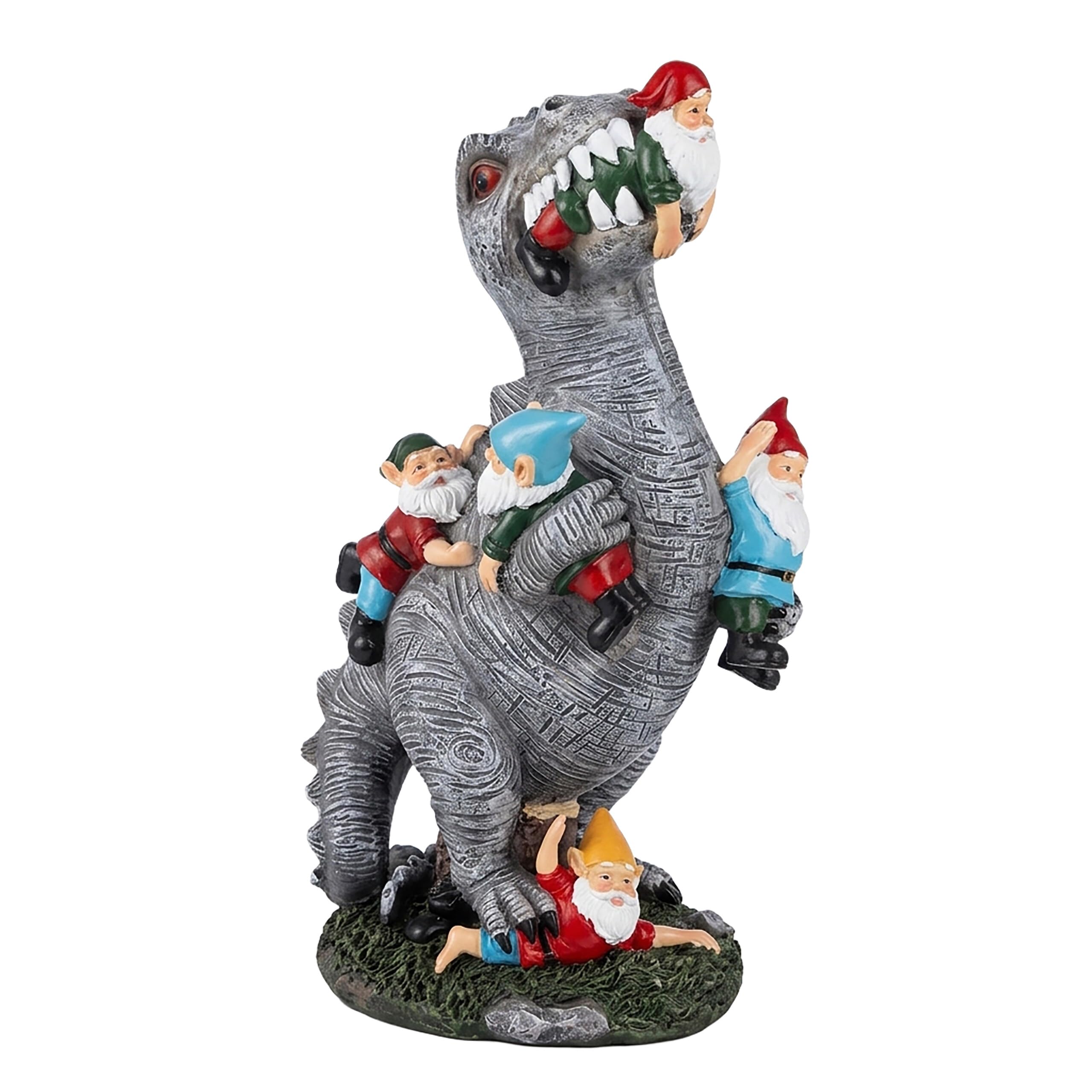 Relaxdays garden figurine - dinosaur devouring garden gnomes, weatherproof polyresin decoration, 28.5cm, colourful