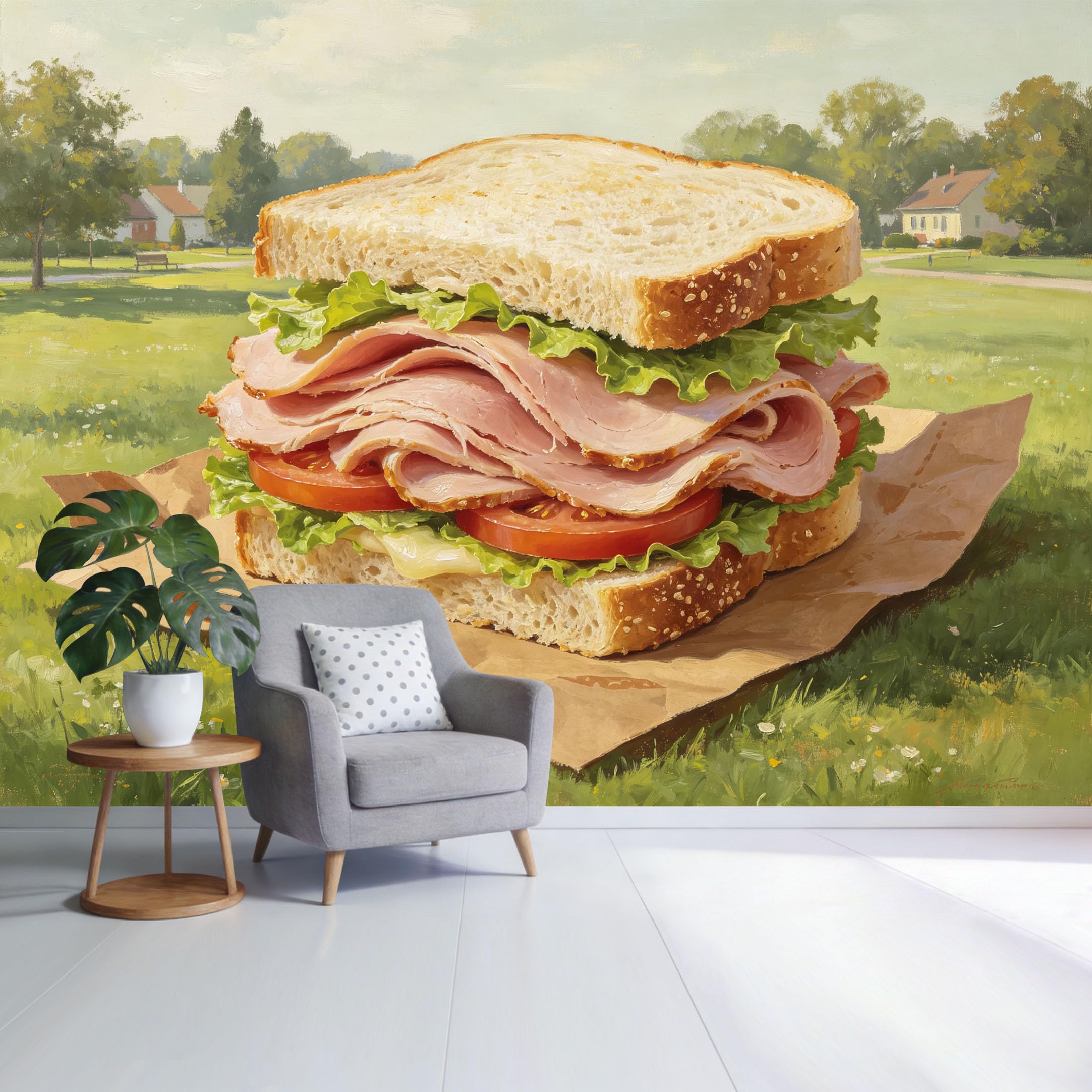 Custom Size Wall Mural Rustic Picnic Ham Sandwich Landscape Oil Painting Style SelfAdhesive Wall Fabric Removable Wallpaper for Home Office Decor