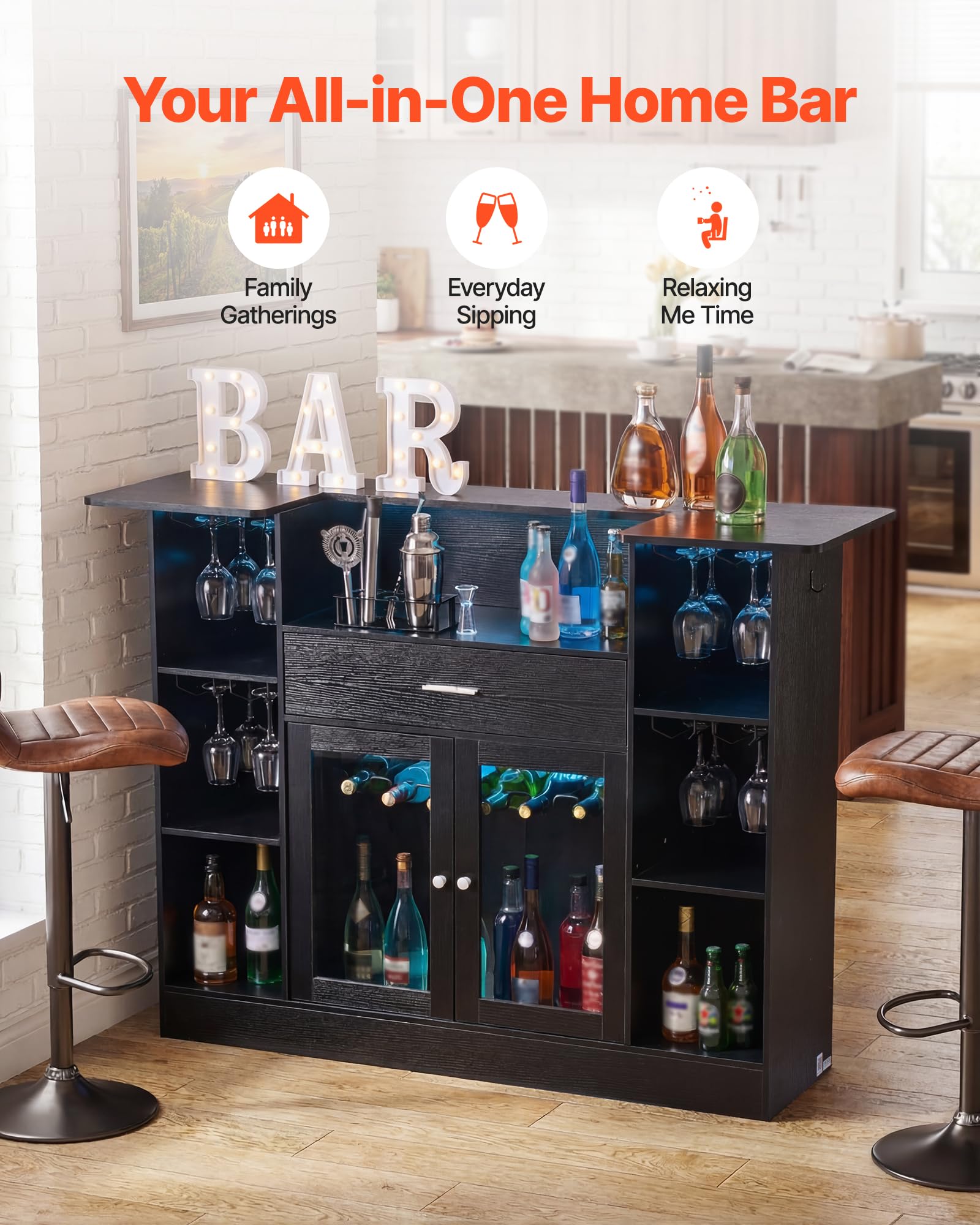 VEVOR Bancone da Bar per Casa, Mobile Tavolo da Salotto con 4 Ripiani Portabicchieri Portabottiglie, Bancone da Bar Luce LED in Legno 1500 x 460 x 1100 mm, Cucina Soggiorno Salotto Cantina, Nero