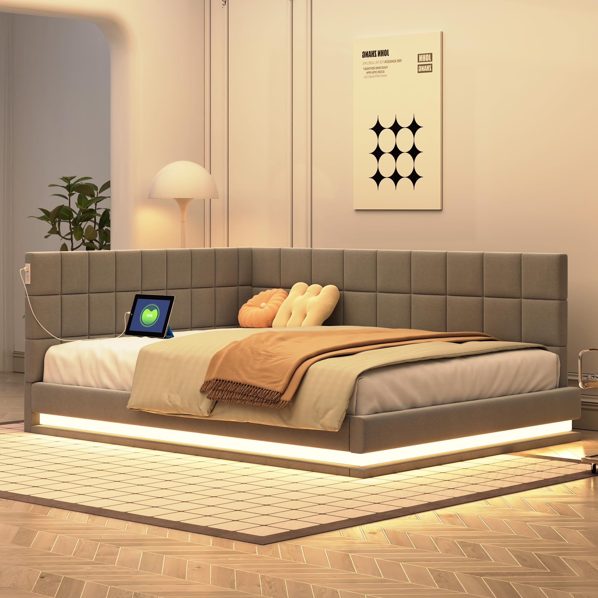 ZYLOYAL10 Cama tapizada para sofá cama multifunción con somier de láminas de tela aterciopelada agradable al tacto (tira de luz LED gris, 140 x 200 cm)