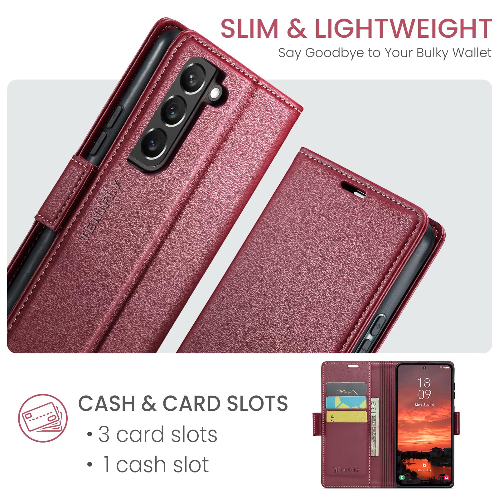 Condition photo showing New/Like New for for samsung galaxy s22 case wallet with rfid blocking card holder, pu leather kickstand protective flip phone cover fit for galaxy s22 6.1", wine red