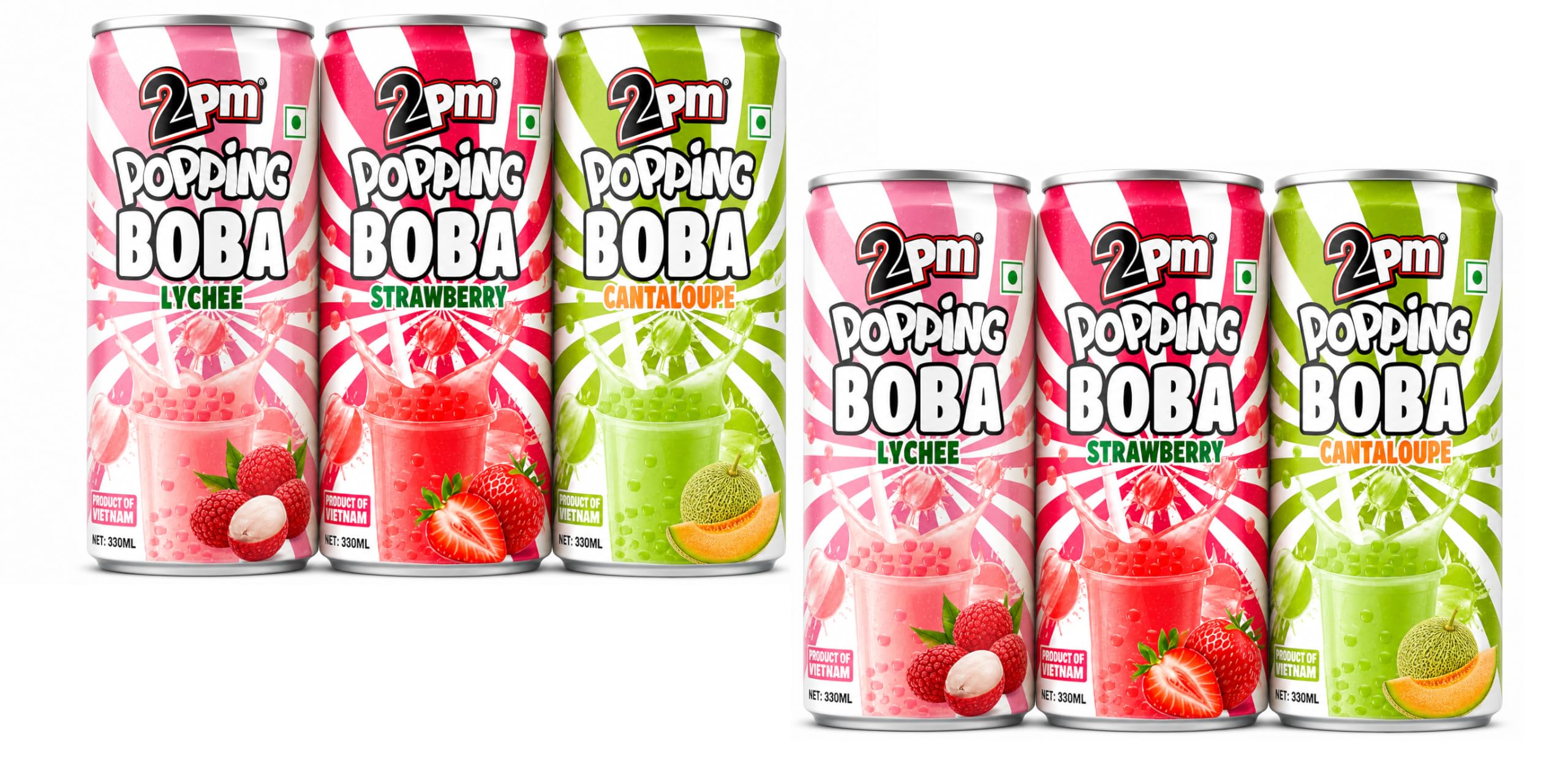 2PM Popping Boba Drink Combo Pack (Strawberry, Lychee & Cantaloupe), 330ml Each | Assorted Flavours | Pack of 6-image-21