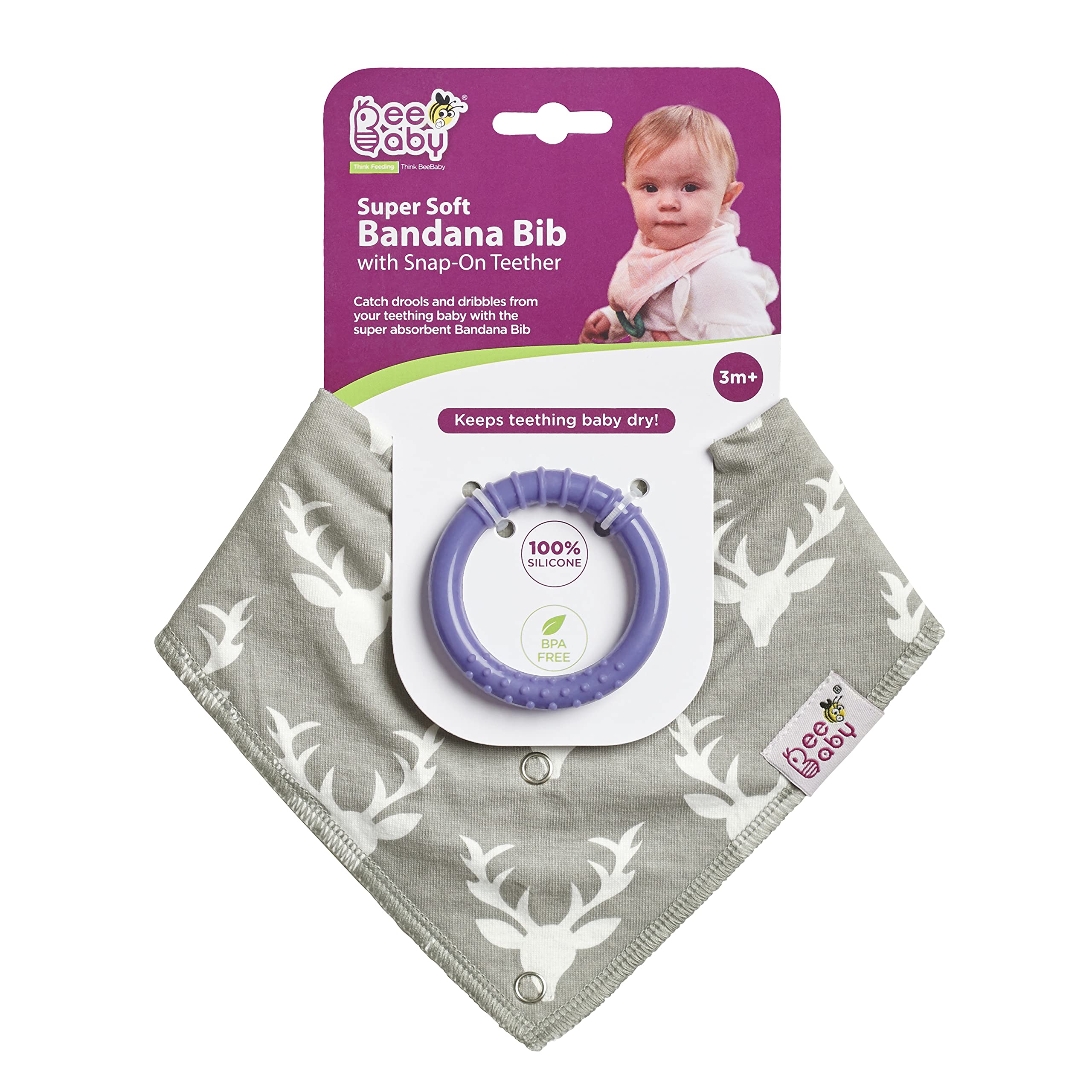 BeeBaby Super Absorbent & Soft Bandana Bib with Snap-On Teether. 100% Waterproof & Washable. (Gray - Deer) 3M+-image-47
