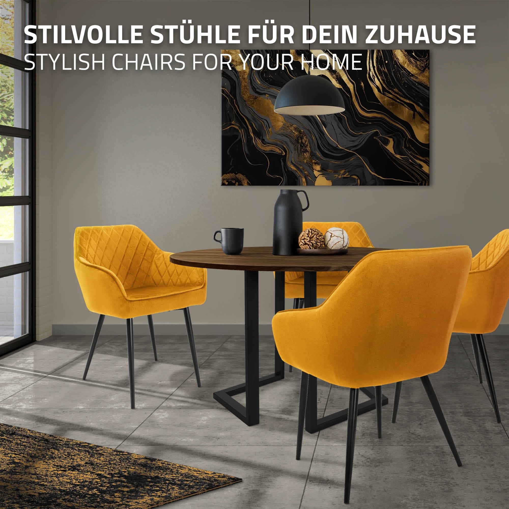 ML-Design Set 2X Sillas de Comedor Color Ocre Estilo Moderno Asiento Tapizado Aspecto de Terciopelo Patas de Metal Negras con Respaldo y Apoyabrazos Sillón Moderno de Salón Oficina Dormitorio Cocina