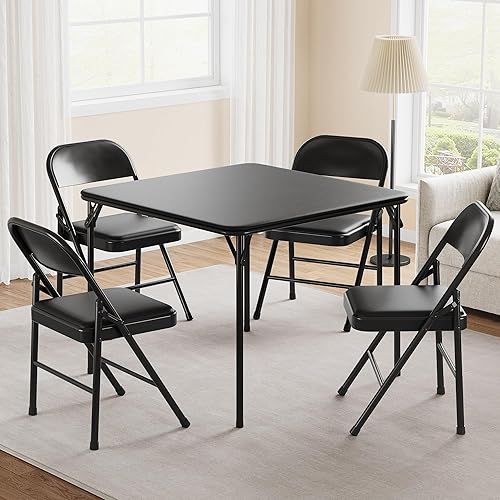 Folding Table, 33.6 Inch Folding Card Table, Portable Square Folding Table with PU Soft Cushion, Black Metal Foldable Table Suitable for Living Room, Office, Camping(No Chair)