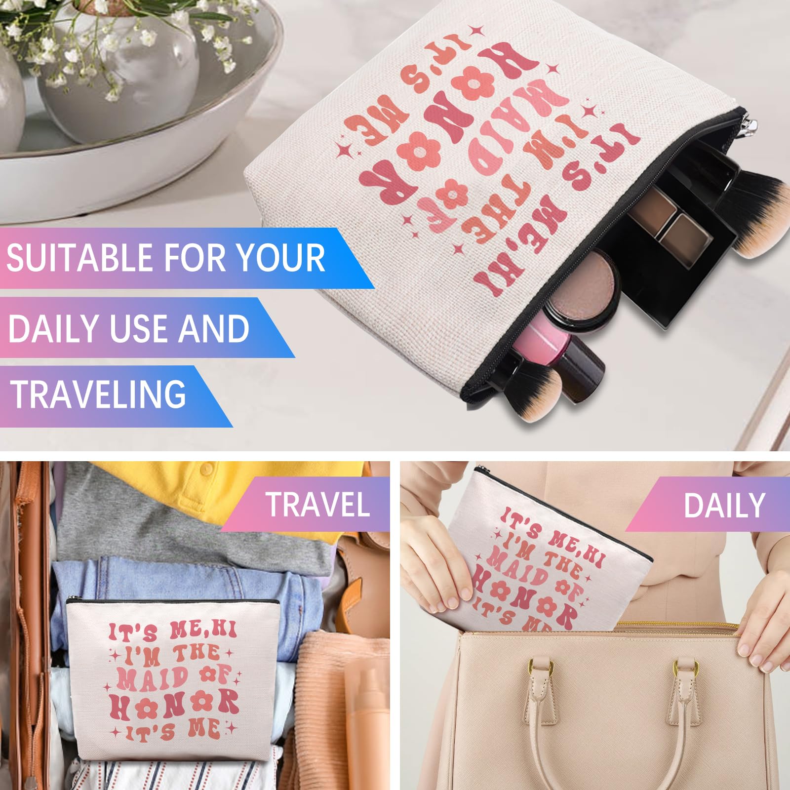 Maid of Honor Gift from Bride, Bridesmaids Proposal Gifts, Bachelorette Party Gift for Maid of Honor, Wedding Gifts for Sister Besties Friends Women Bridesmaid Makeup Cosmetic Bag Travel Pouch