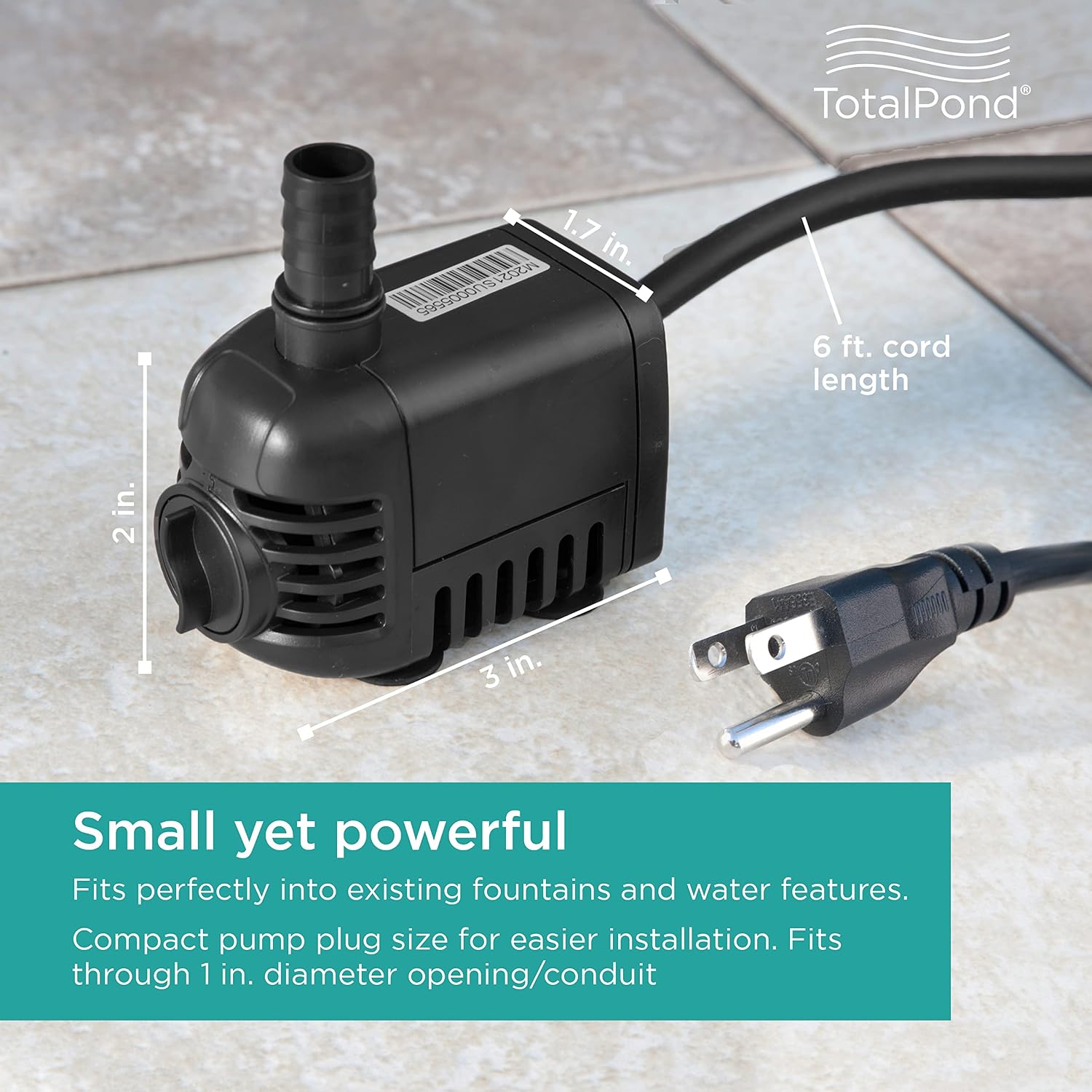 TotalPond 140 GPH Fountain Pump, Quiet, Durable, Submersible Freshwater Pump with 3 ft. Pumping Height, 6 ft. Power Cord, 4 Suction Cups, 2 Tubing Adapters, For Fountains Aquariums & Hydroponics