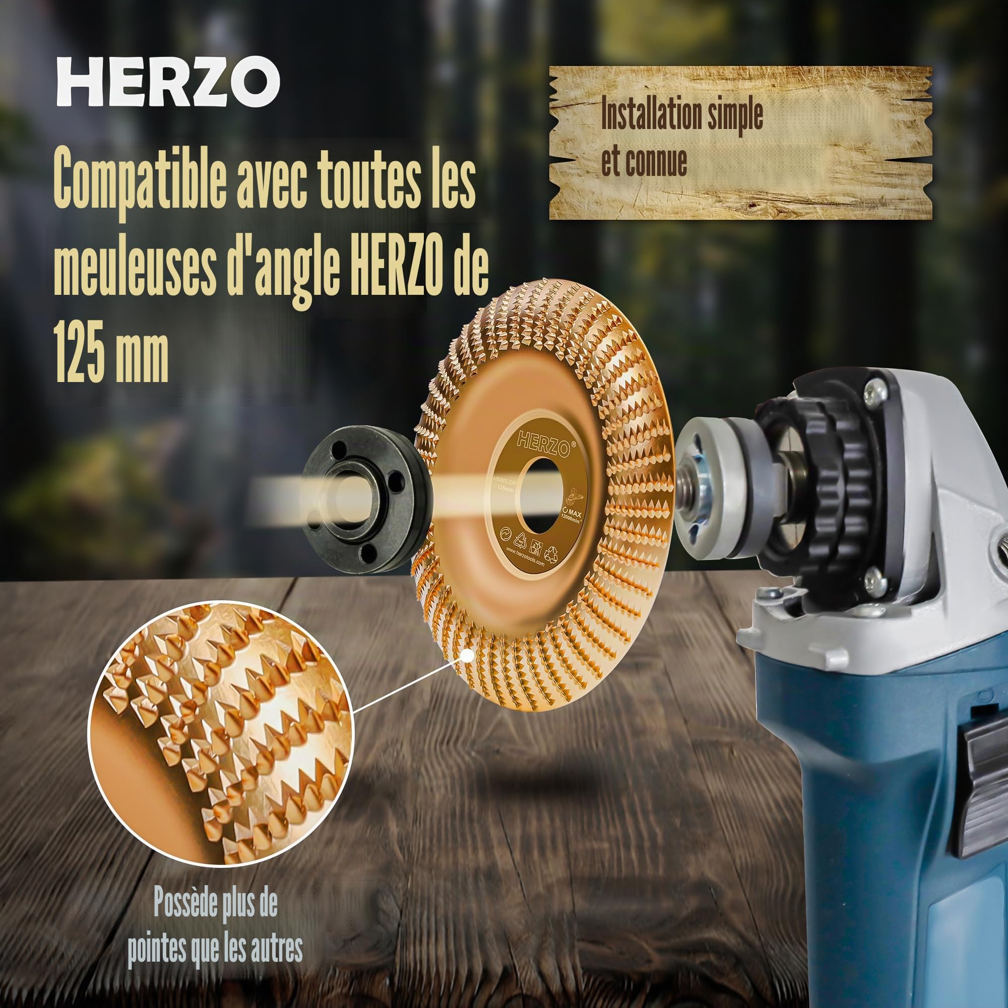 HERZO Disque de ponçage pour bois pour meuleuse d'angle 125 mm Ensemble de disque de sculpture en bois 2 pièces