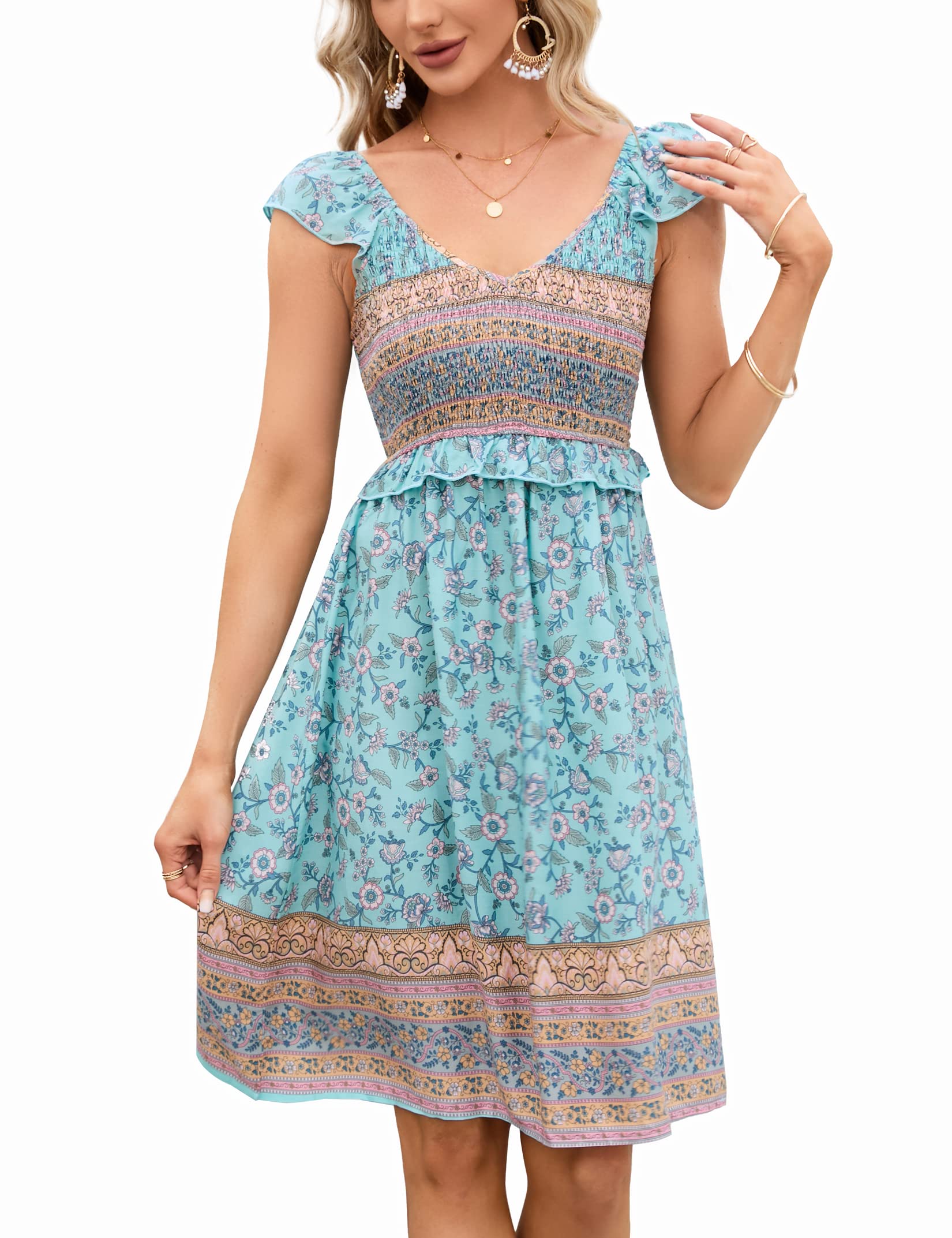 KOJOOIN Women's Summer Floral V Neck Flutter Sleeve Bohemian Smocked Casual Swing Mini Dress