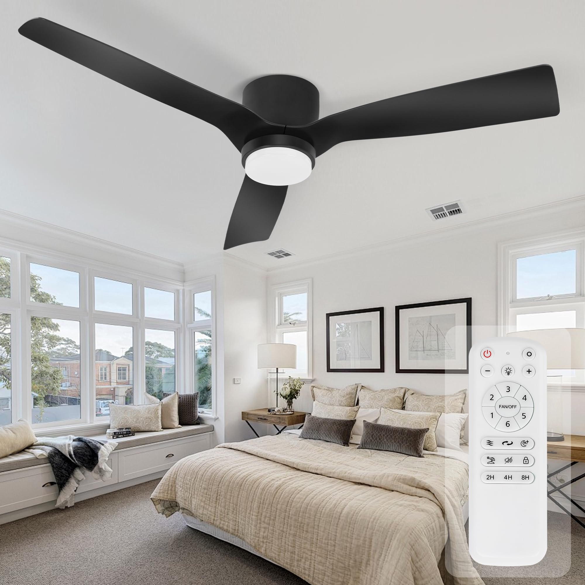 52inch Ceiling Fan with Lights,Flush Mount Ceiling Fan with Remote Control,Dimmable Light,3 Blade,6 Speeds,Mordern Black Ceiling Fan for Bedroom,Dining Room,Hallway
