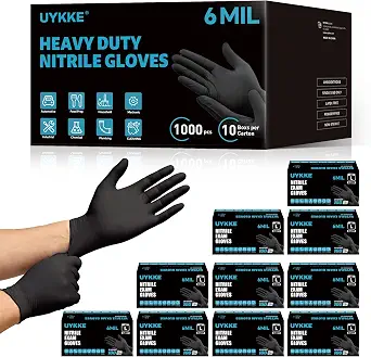 UYKKE Heavy Duty 6 Mil Black Nitrile Disposable Gloves, Latex-Free, Powder-Free, 1000 Count