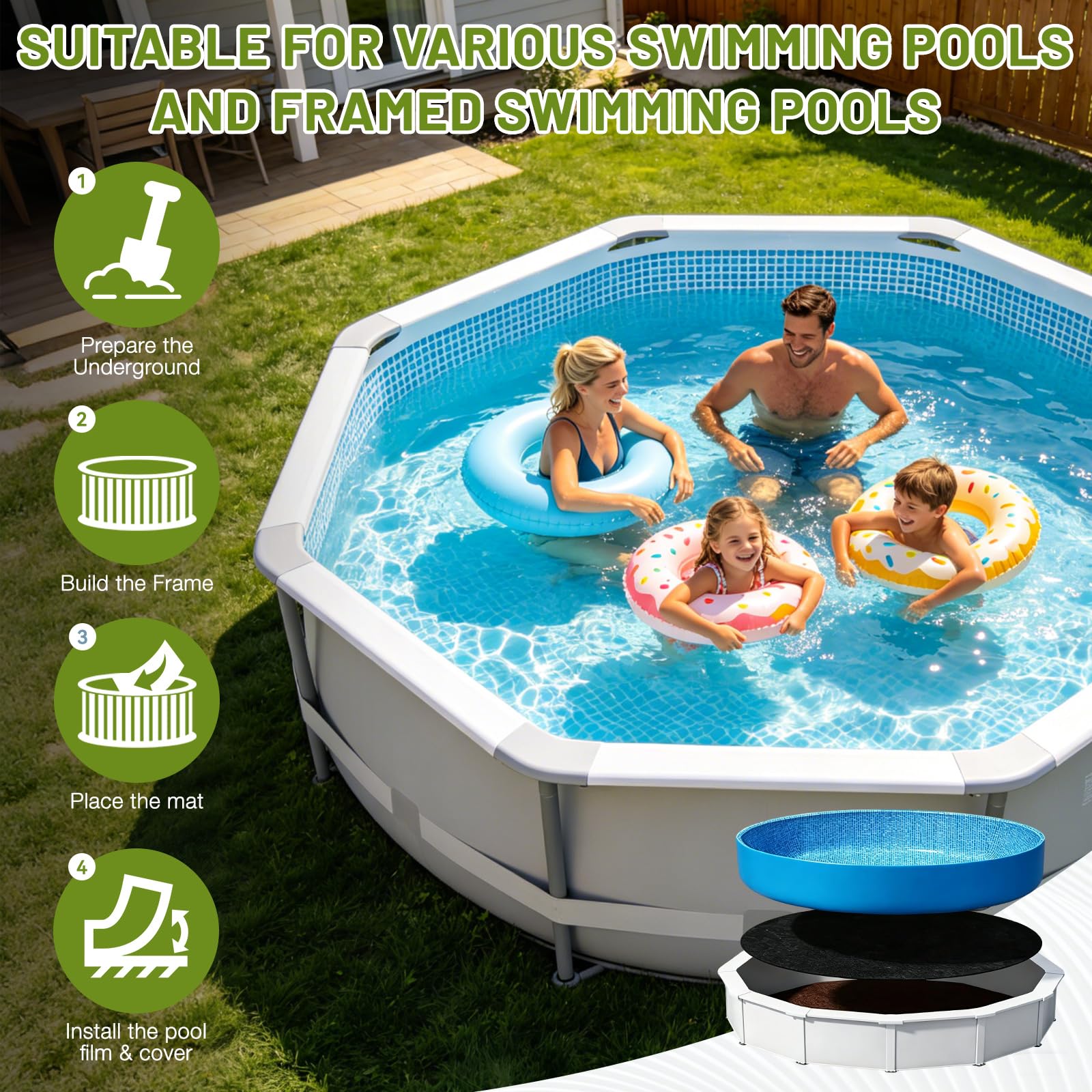 Mineup Lona De Suelo Para Piscina, 4m Tapiz Suelo Piscina, Base Para Piscina Redonda, Antideslizante, Resistente a La Rotura, Aislante Del Calor, Almohadilla Para Revestimiento De Piscina