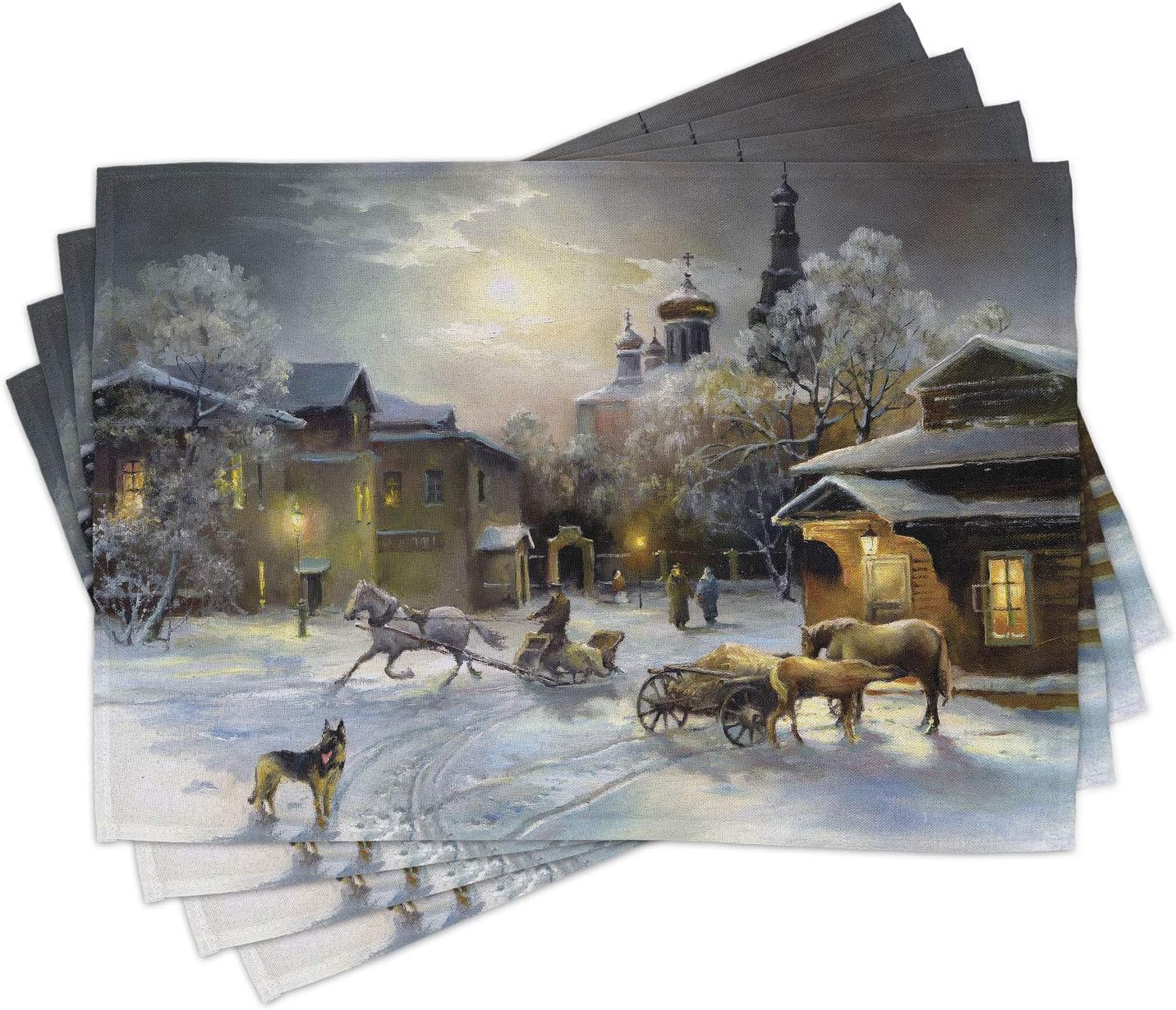 Ambesonne Country Place Mats Set of 4, Winter Landscape of a Western Town at Night in New World Rurals in Retro Style Art, Washable Fabric Placemats for Dining Table, Standard Size, Grey Yellow