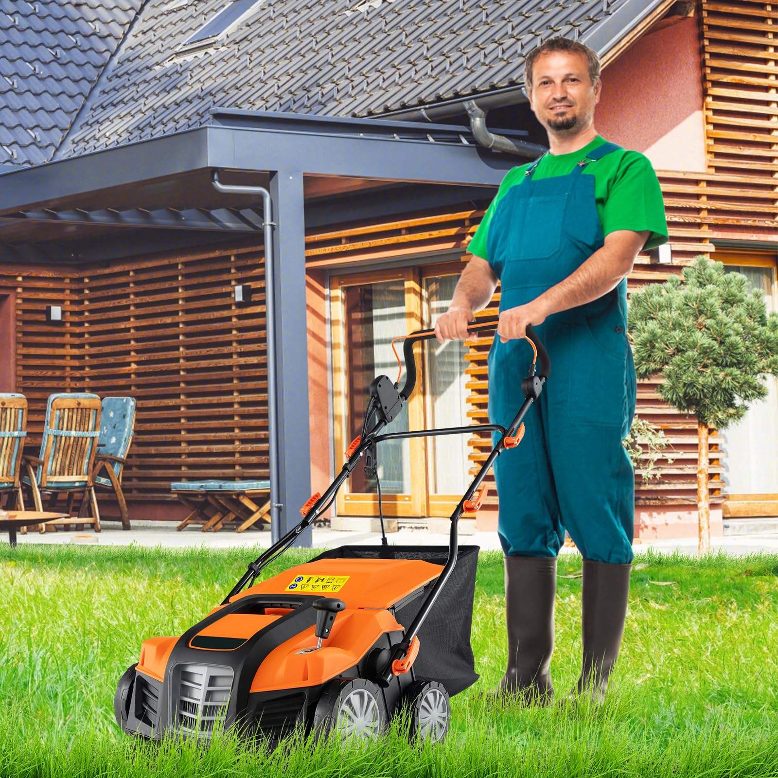 COSTWAY Elektryczny wertykulator 2 w 1, 41 cm, 15 A, 3 poziomy regulacji wysokości, 5-stopniowa głębokość robocza, składany wentylator do trawnika GEH, 55 l