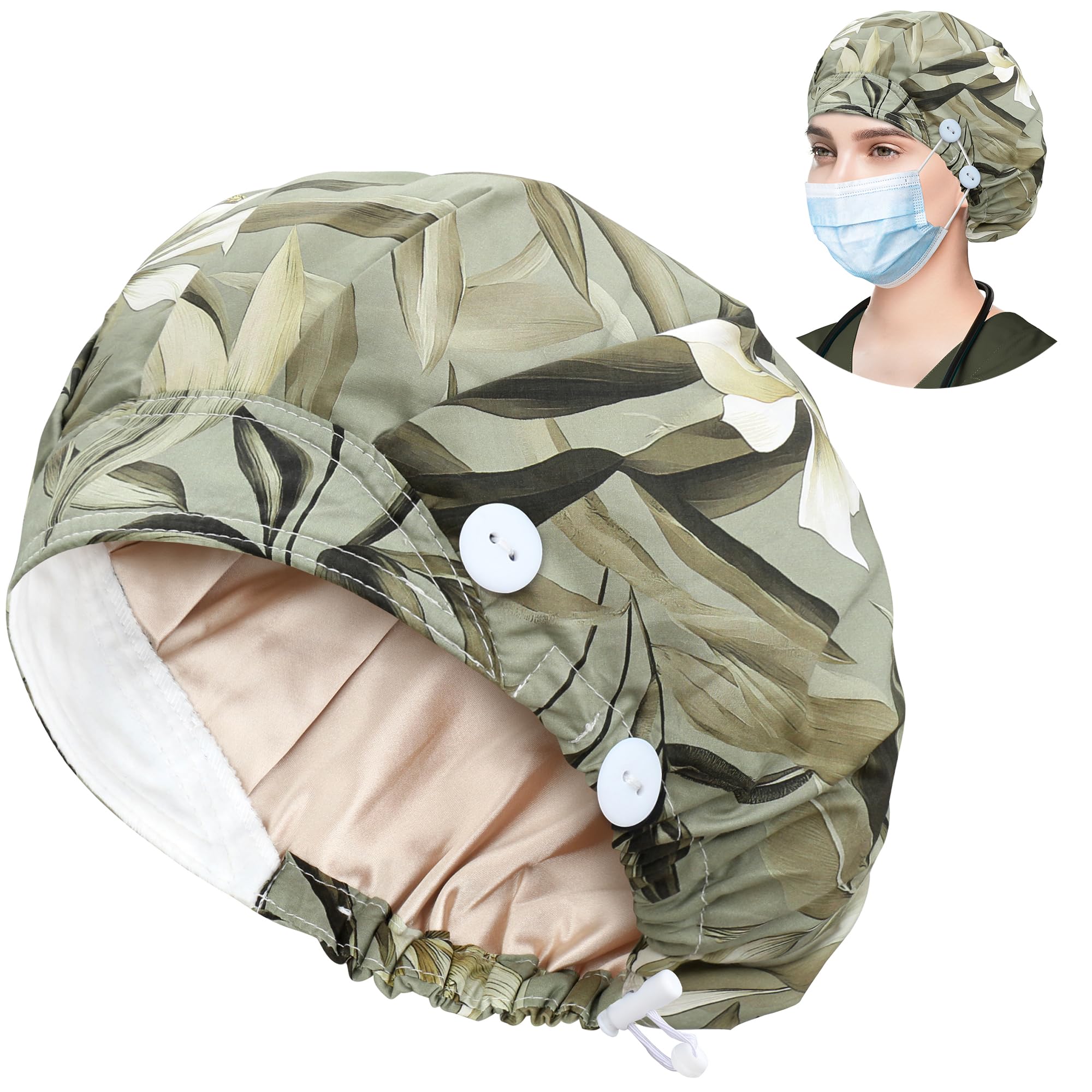 ABAMERICA Bouffant Caps with Button and Sweatband, Adjustable Scrub Caps for Women Men, One Size Multi Color