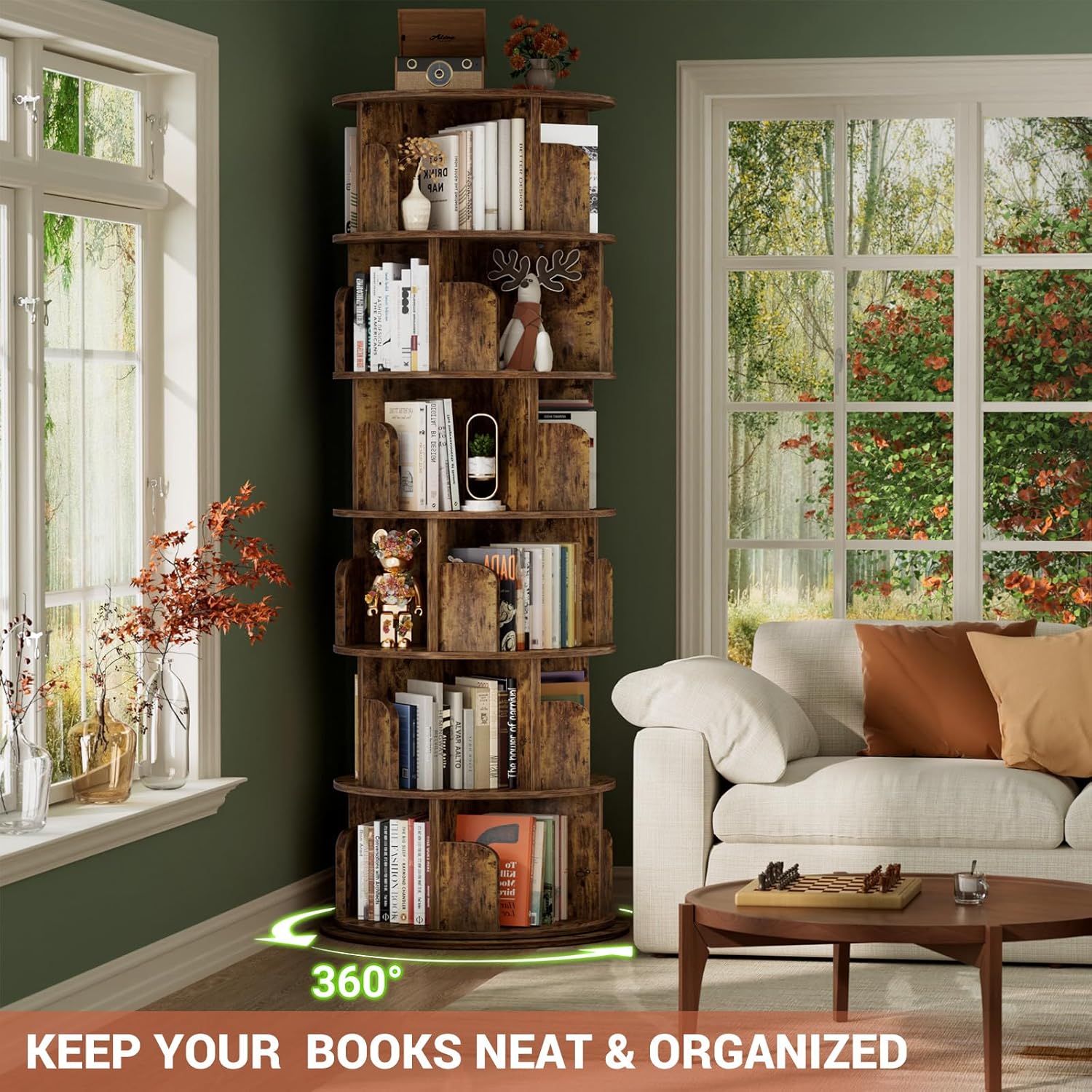 Besiost Rotating Bookshelf Tower, 6 Tier Spinning Bookcase, Revolving 360 Book Shelf Narrow Tall Bookcase, Vertical Turning Round Bookshelf Organizer, Corner Bookshelf for Small Space, Rustic Brown