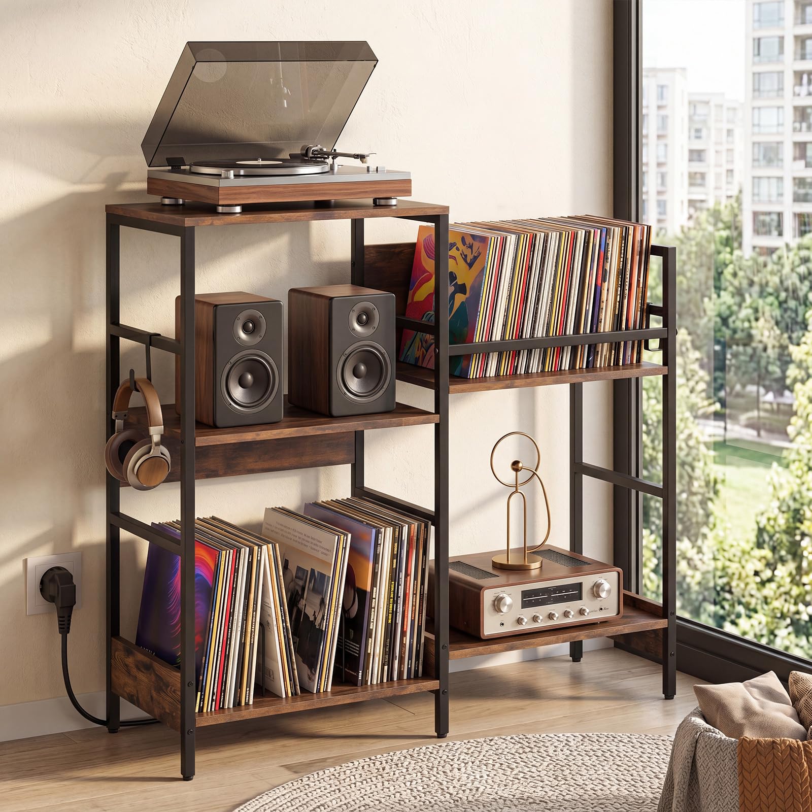 GIANTEX Supporto per Giradischi Multilivello, Mobile Vinili con Stazione di Ricarica, Mobiletto Porta Dischi in Legno con Ganci, Struttura Metallica, per Studio e Soggiorno, 78 x 30 x 78 cm