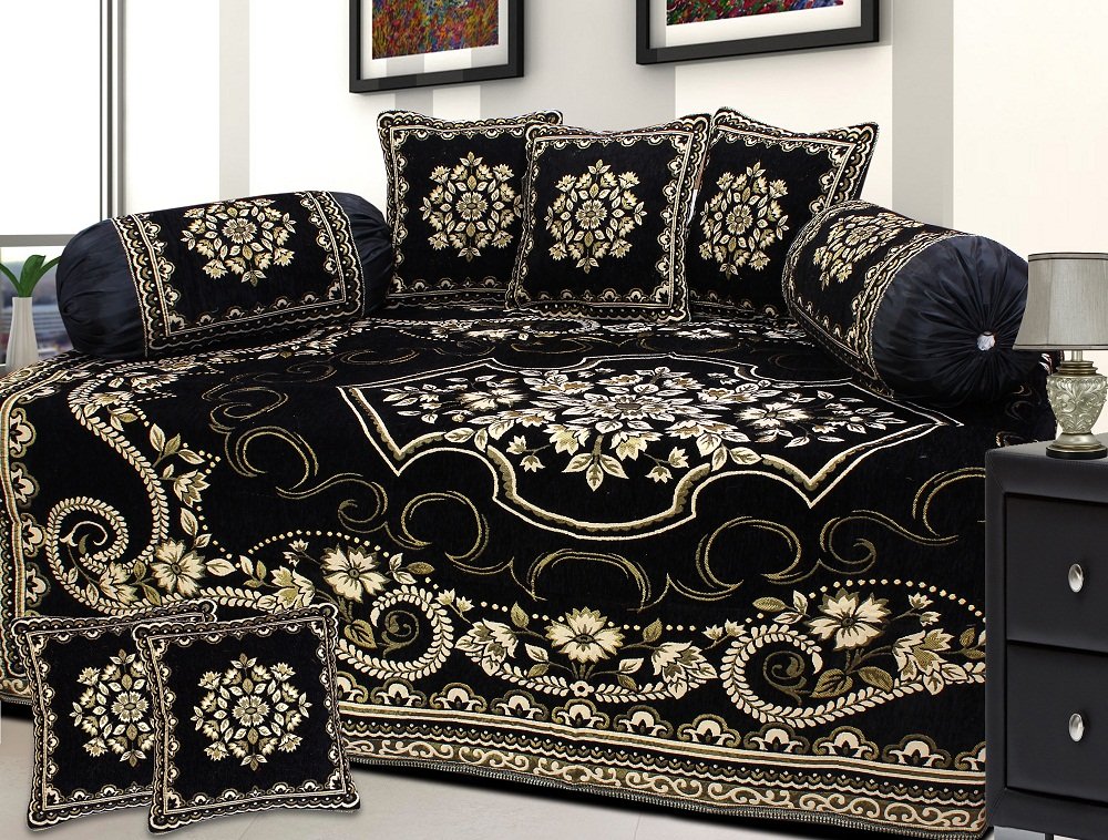 Fresh From Loom Chenille 500 TC Diwan Set - 1pc Single Bed Sheet with 2 Bolster Covers and 5 Cushion Covers, 8pc Set, Black