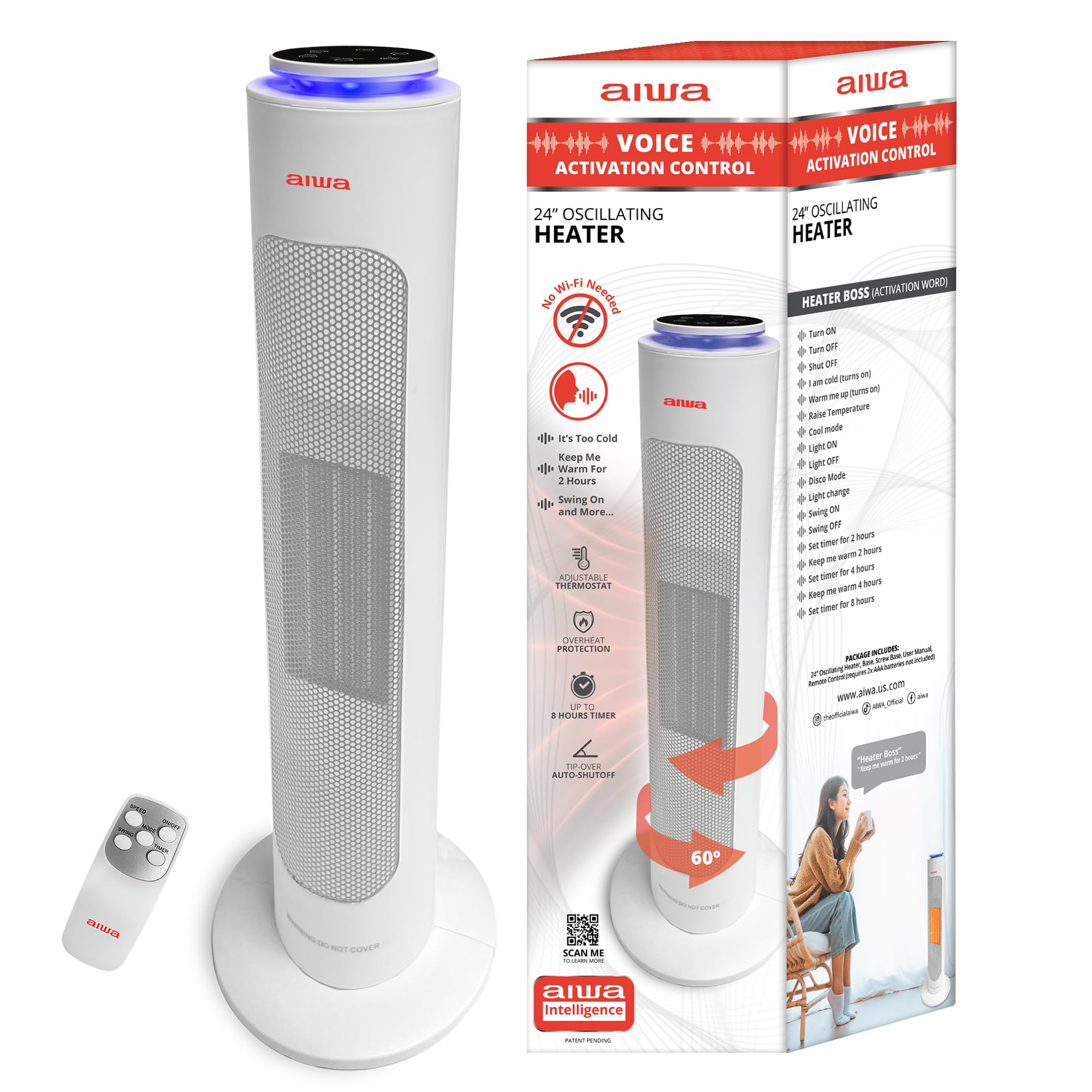 Aiwa Smart Space Heater, Voice Activated Smart Oscillating Room Heater, 24” in., Overheat Protection, Tip-Over Auto Shutoff Safety Feature, Timer, Adjustable Digital Thermostat, Indoor Room Heater