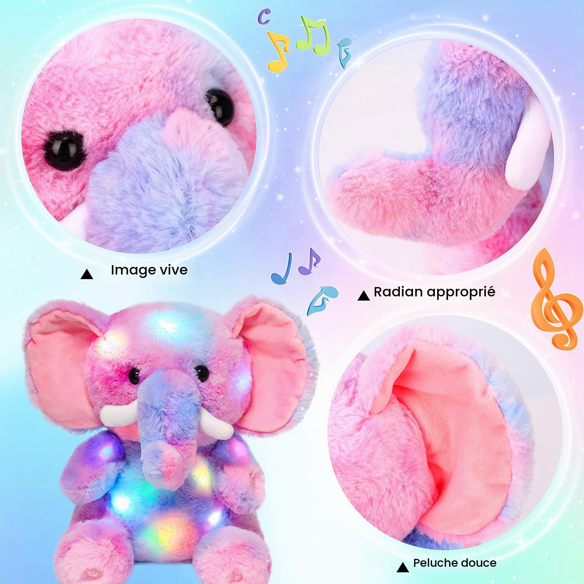 Hopearl Peluche Musicale à LED Multicolore - Éléphant Lumineux - Peluche chantante - Réglage du Volume - Berceuse animée - Apaise - Fête d'anniversaire pour Enfants en Bas âge - Arc-en-Ciel - 28 cm