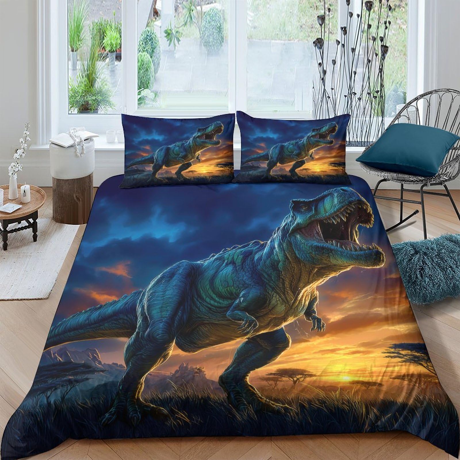 Ctjqhvkz Style-8 3D Printed Dinosaur Sunset Fitted Sheet Microfiber Durable T-Rex Bed Cover For Bedroom Dorm Mattress Decor Single（135X200cm）