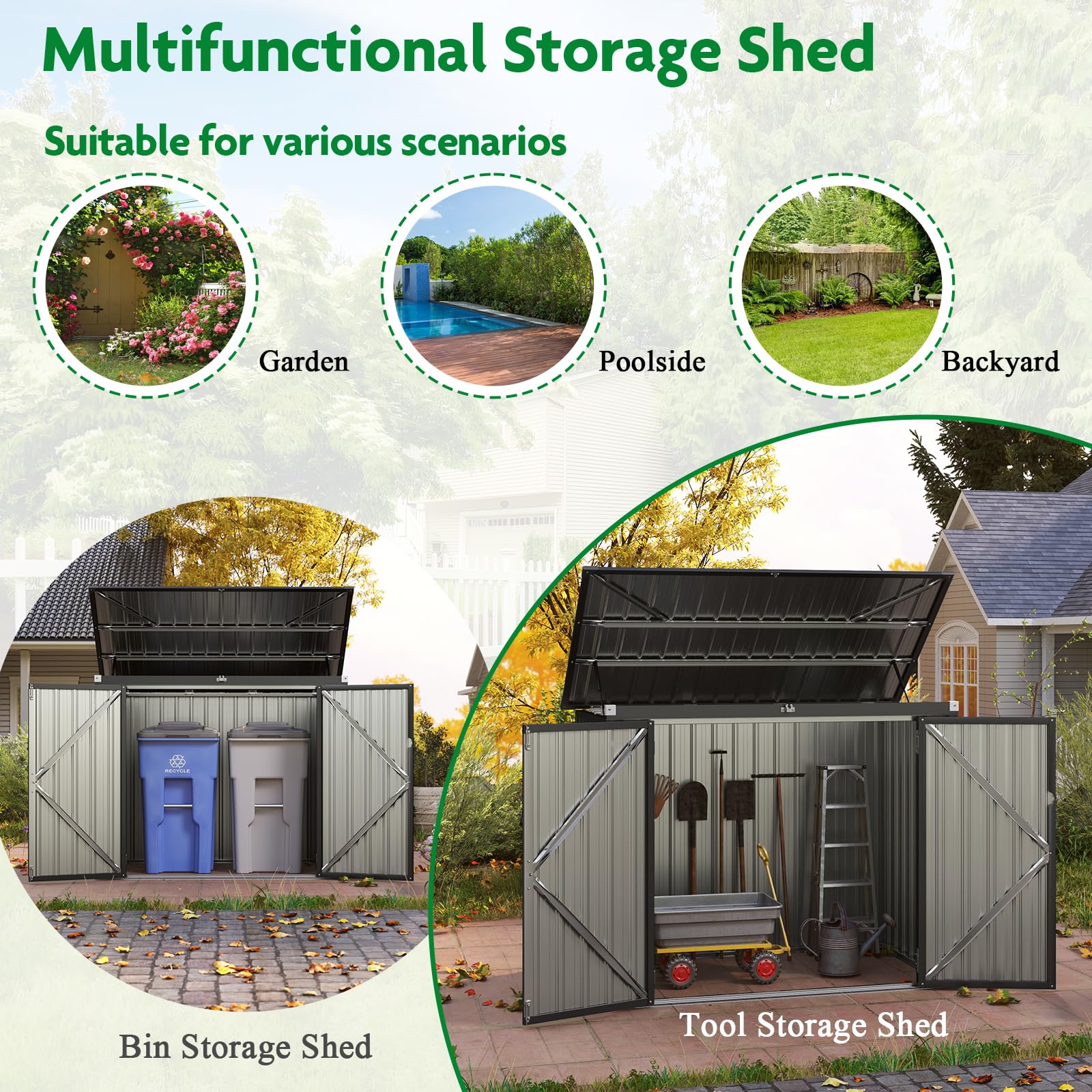 HOMASIS Mülltonnenbox für 2 Mülltonnen, 1,5 m² Gerätehaus Metall, wetterfest Geräteschuppen mit Doppeltür & Klappdeckel, abschließbar Gartenbox Müllbox dunkelgrau, inkl. 2 Handschuhen, 172x101x130cm