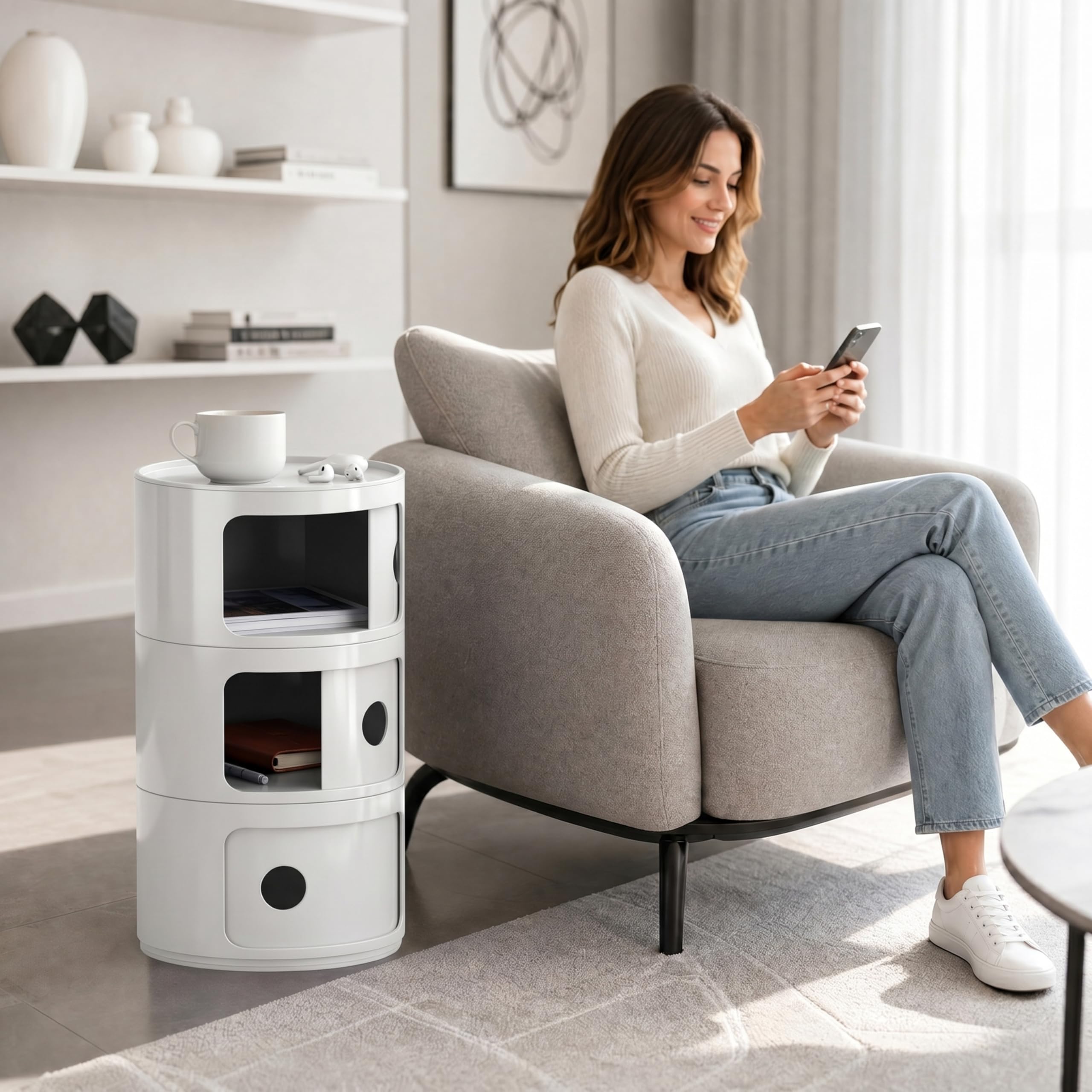 Kiseely Contenitore, comodino camera da letto, Comodino armadietto,moderno tavolino da camera per camera da letto, soggiorno, bagno (Bianco S1, 2 Elementi)