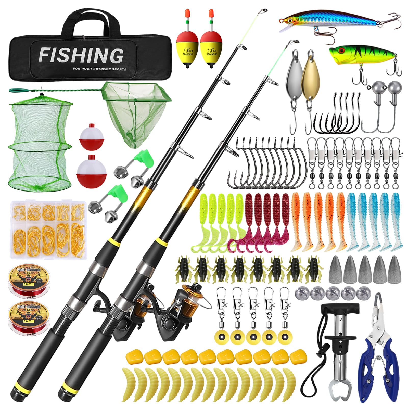 Lot de 2 cannes à pêche télescopiques avec 102 accessoires, 1,8 m/2,1 m, pliable, moulinet, appât, kit de pêche complet pour débutants avec sac de pêche pour eau salée, eau douce, voyage, pêcheur