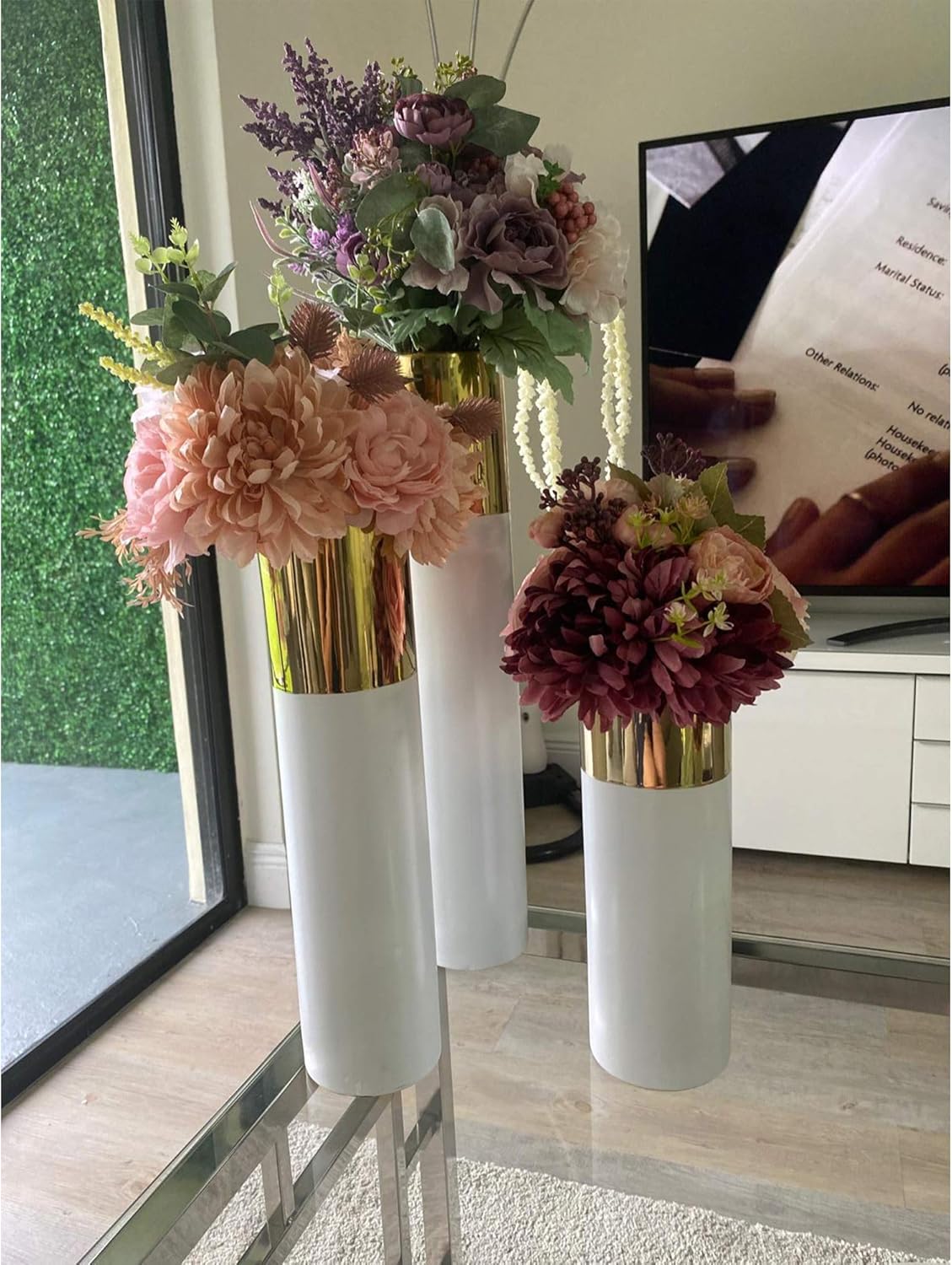 WGV Ceramic Cylinder Vase Width 4" Height 20" Elegant Unique Modern Matte Floral Container Planter Pot Centerpiece for Event Party Wedding Office Home Decor Gold White 1 Piece