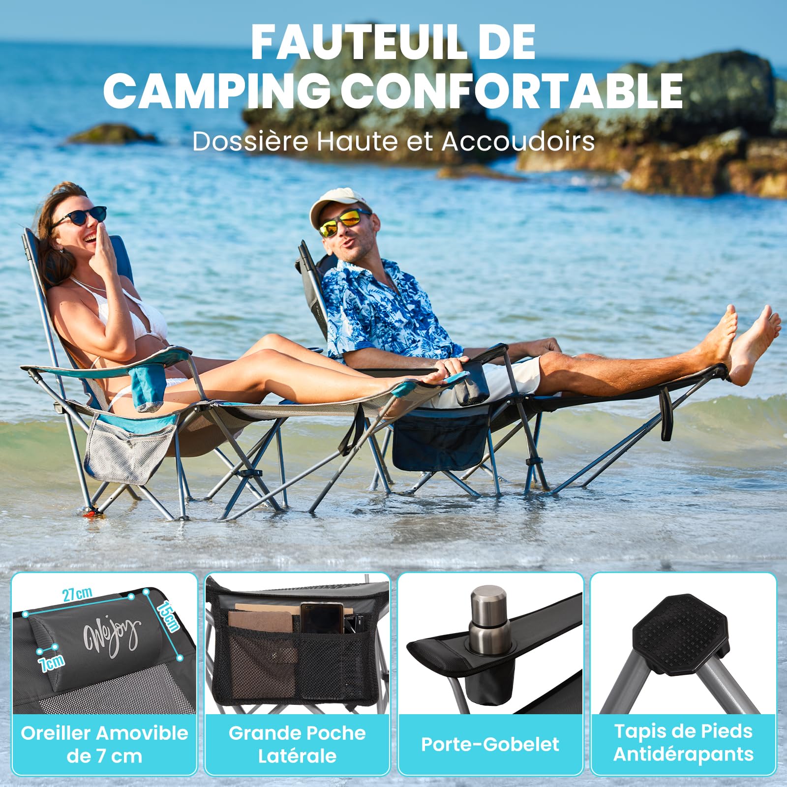 #WEJOY chaise de camping 2 en 1 pliable 180 kg avec repose-pieds, dossier réglable en 4 positions, fauteuil de relaxation, extérieur, gris/noir