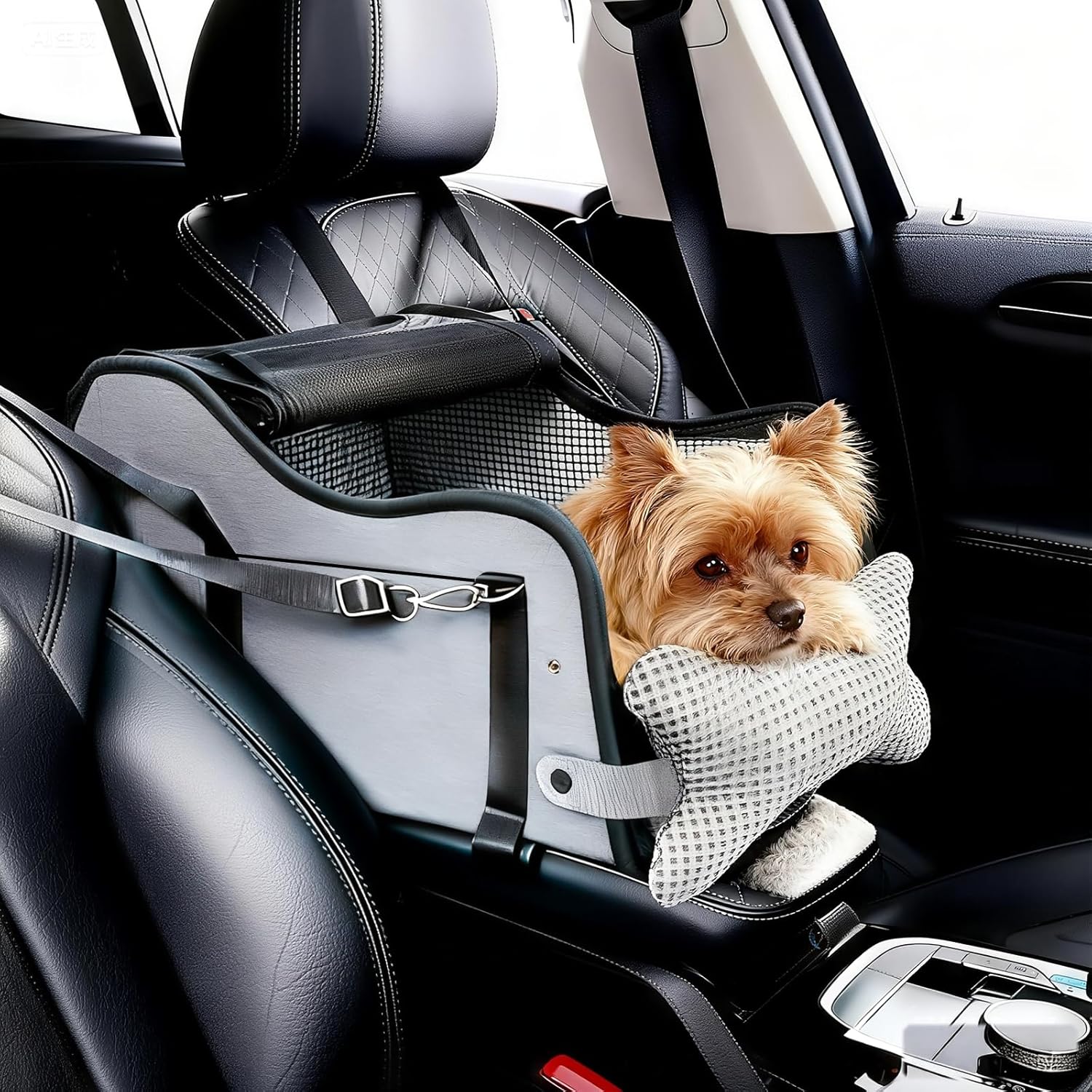 Portable Dog Car Seat for Center Console | Convertible Travel Carrier Bag with Dual-Sided Cooling/Warm Pad & Safety Leash for Small Dogs & Cats, Black White Plaid