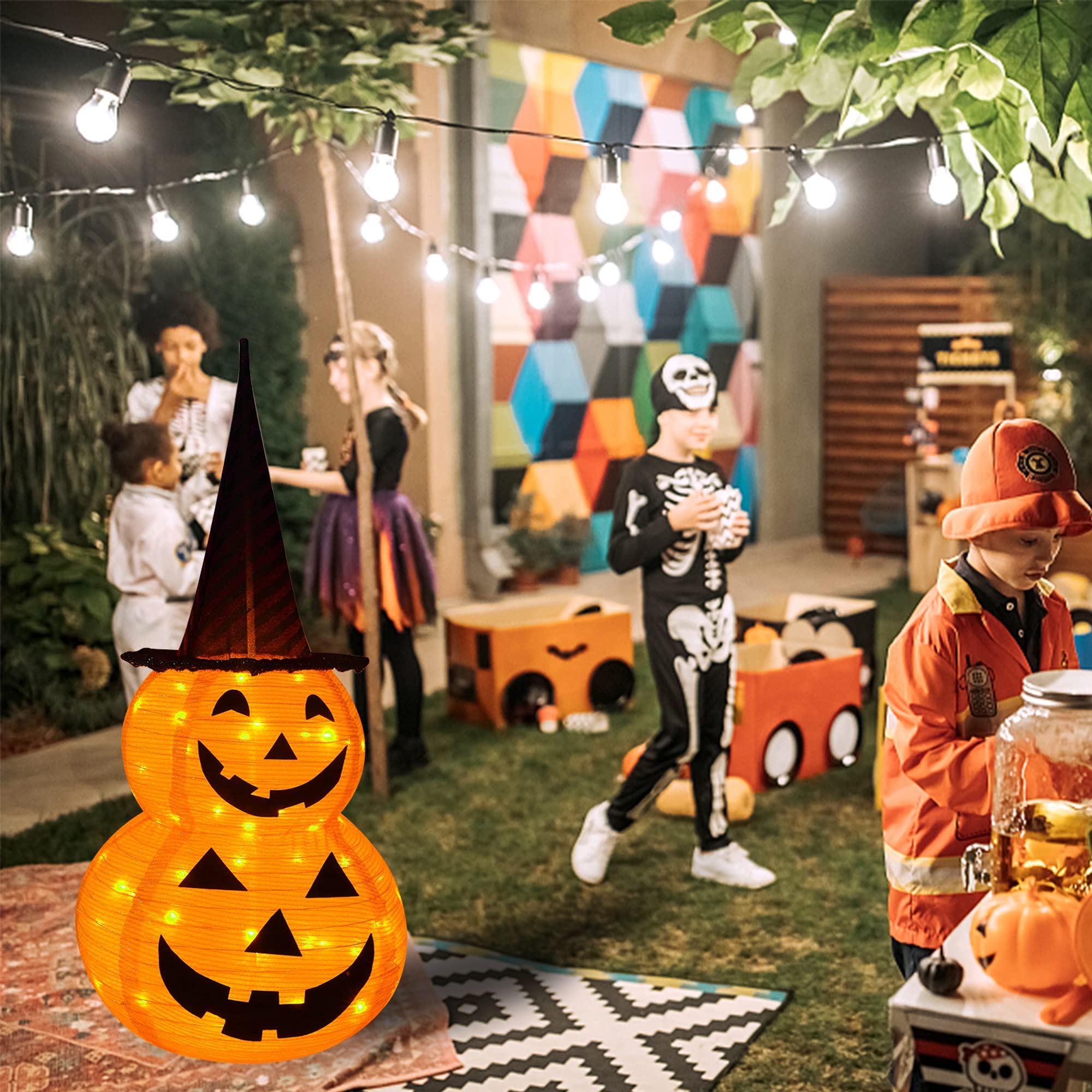 FUNPENY 3FT Halloween Collapsible Pumpkin Decorations, Light Up 50 LED Pumpkin with Hat 8 Lighted Mode, Pop Up Jack-o-Lantern with Metal Stand for Indoor Outdoor Yard Holiday Decor (Purple Hat)