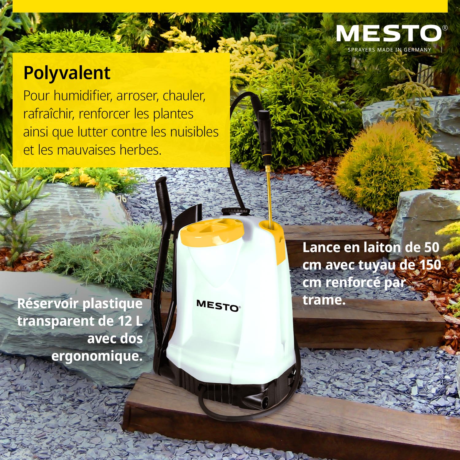 MESTO RS125 Pulvérisateur à Dos 12 L avec écran de pulvérisation Rond | Pulverisateur de Jardin a Dos à Pression 6 Bar | Pulverisateur a Main pour désherbage, arrosage et Protection des Plantes