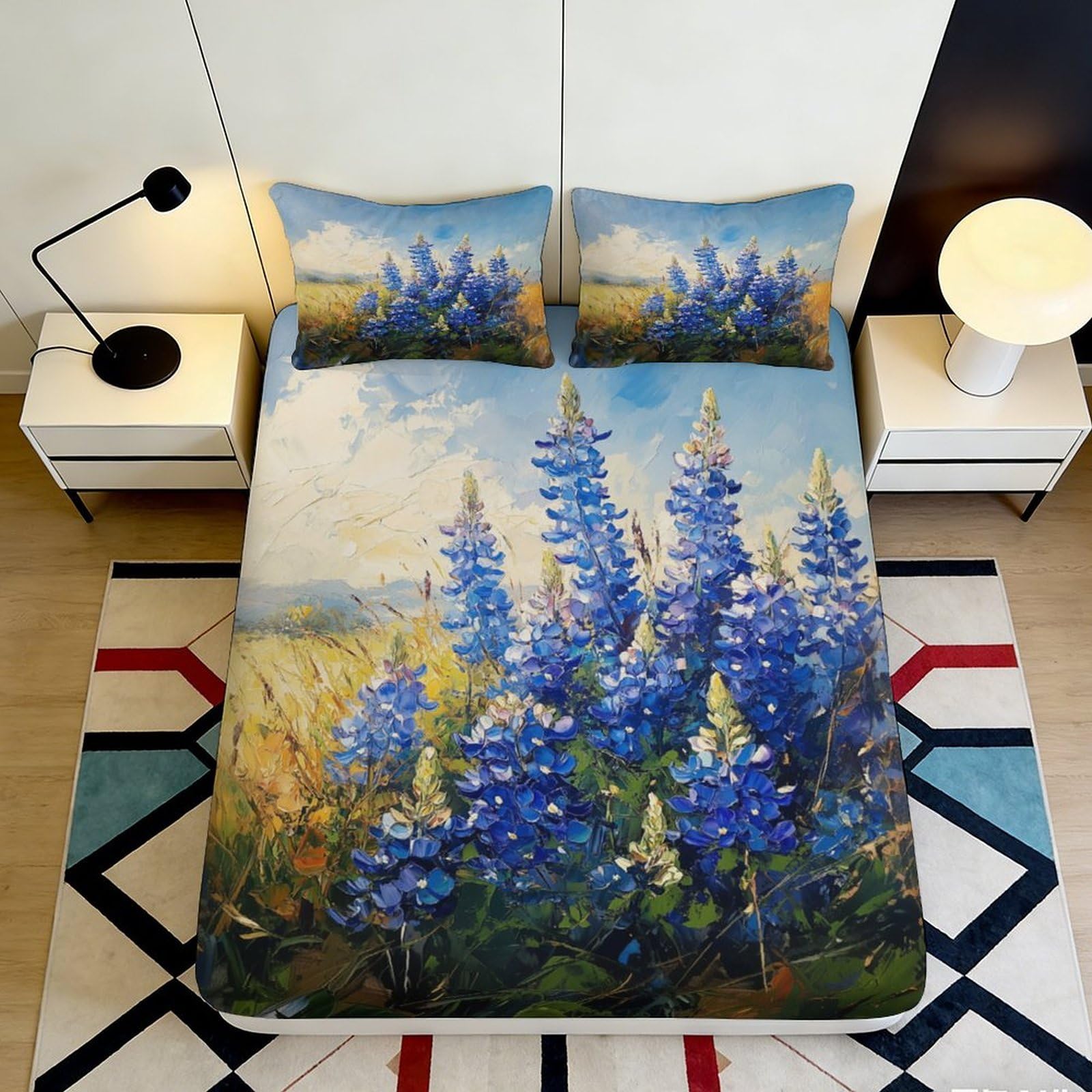 3D Printed Blue Wildflower Fitted Sheet Microfiber Soft Meadow Art Mattress Cover for Bedroom Dorm Decor 90x200x25cm