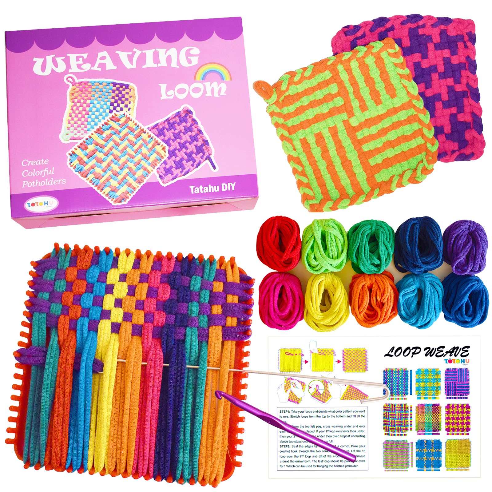 Tatahu Potholder Weaving Loom Kit - 300pcs Rainbow Knitting Refill Loops in 10 Colors, Make 8 Potholders for Beginners, DIY Arts and Crafts