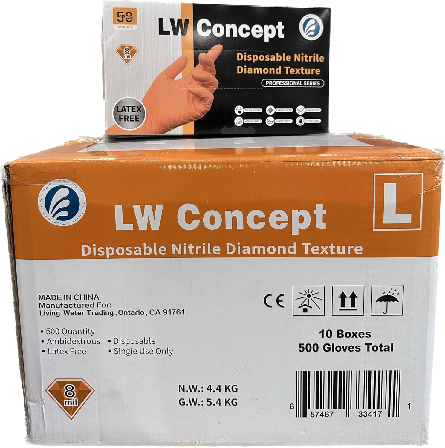 LW Concept Orange Nitrile Disposable Gloves, 8 Mil, Latex and Powder Free, Industrial, Food Safe, Raised Diamond Texture, Large, Case of 500