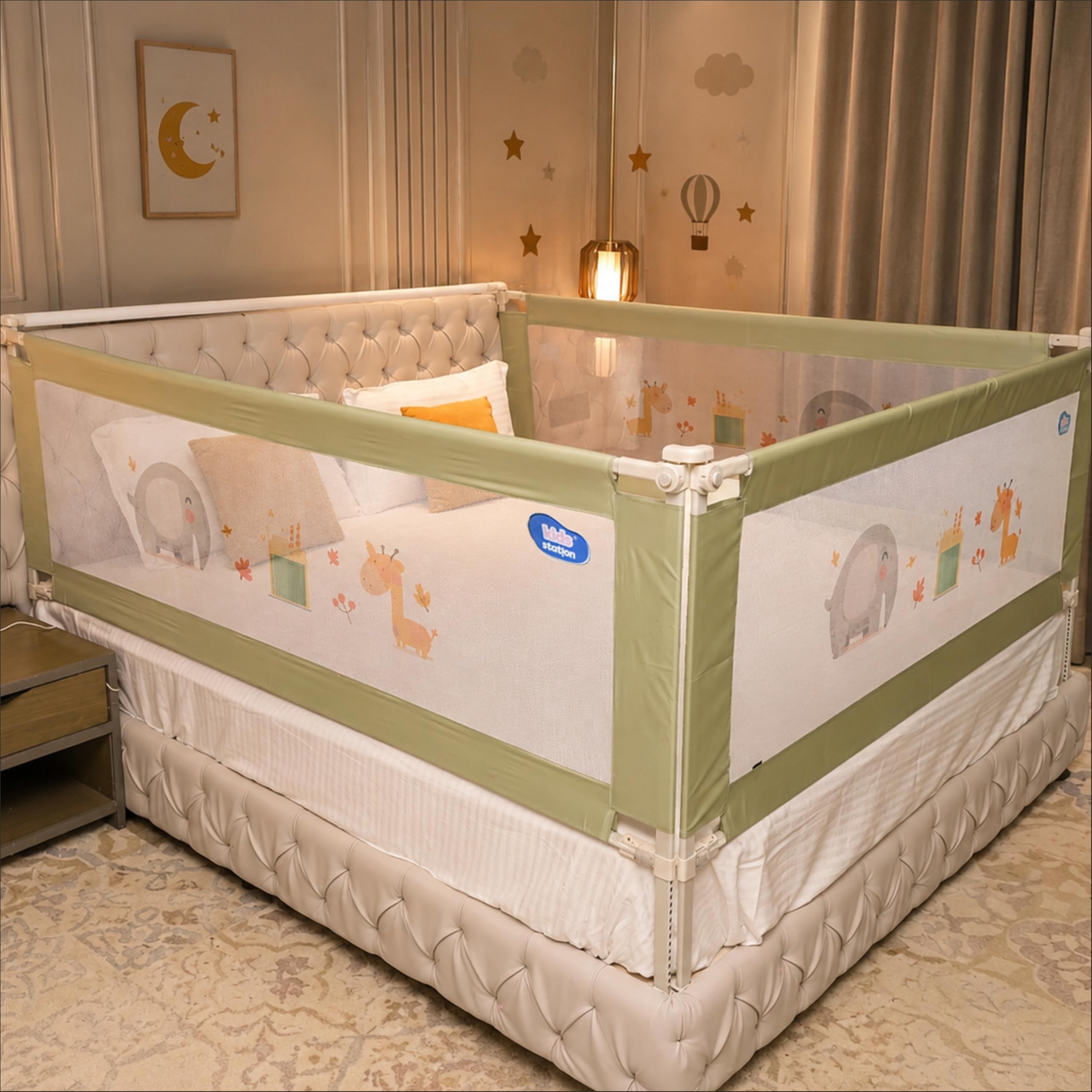Kids Station 3 Side Basic Bed Rail Guard (6.3ftx6ftx6.3ft / 190cmx180cmx190cm), Bed Railing for Baby Safety, Kids Toddler Bed Protector Side Walls, Adjustable Height, Portable & Foldable (Green)