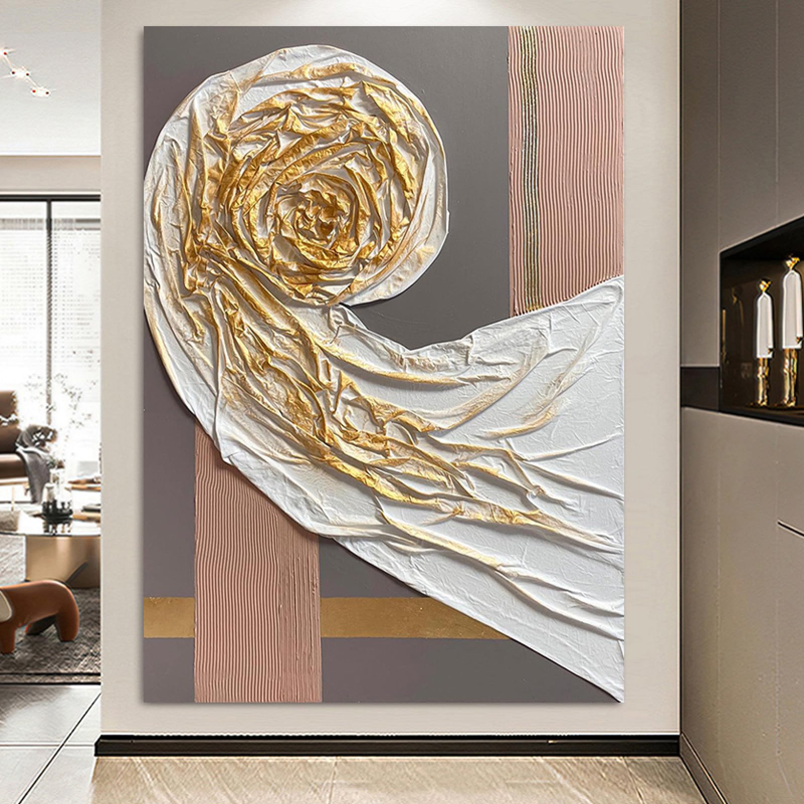 Tableau abstrait feuille d'or art moderne décoration murale escalier